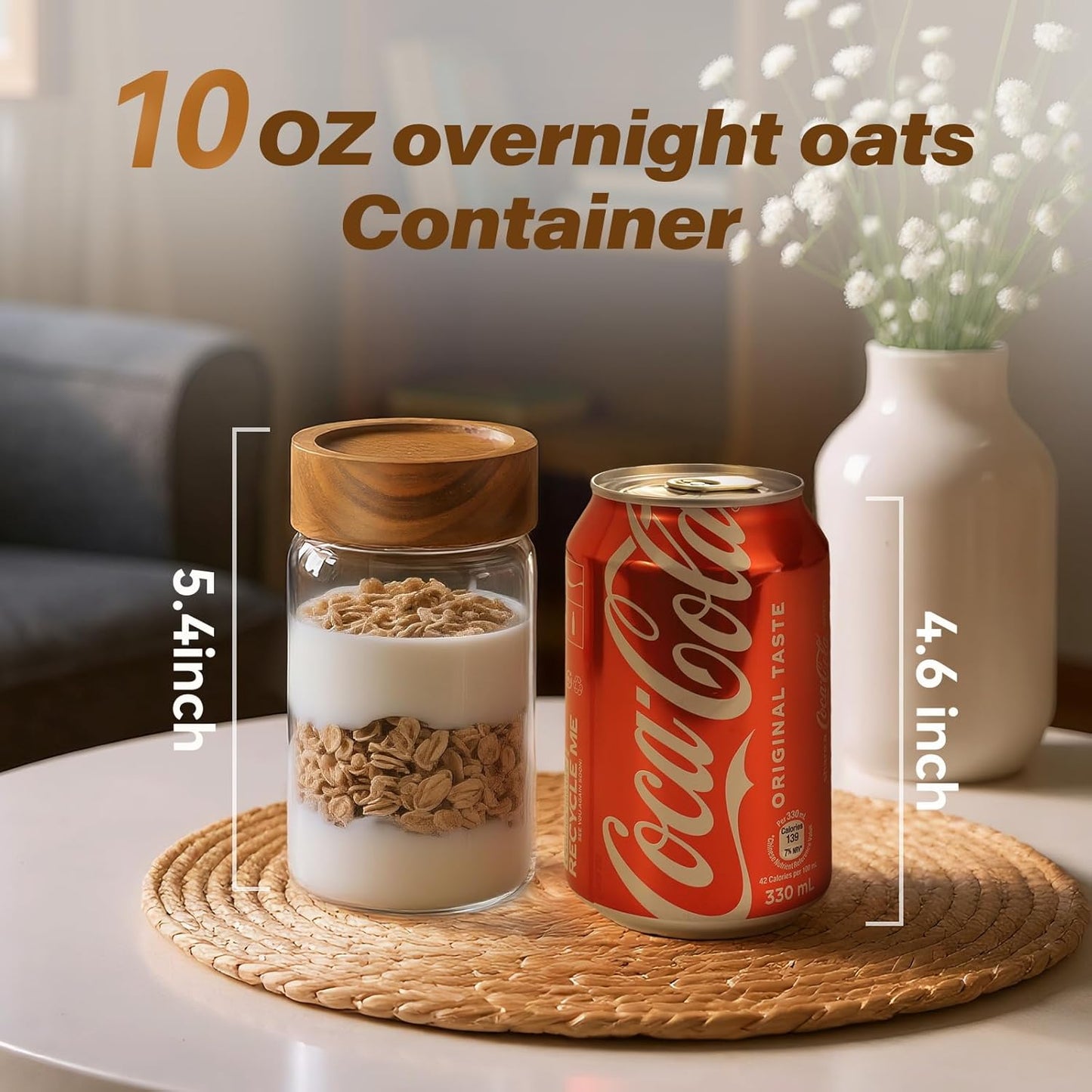 2-Piece 10 oz Food-Grade Glass Mason Jars with Sturdy Acacia Wood Lids, Sealable Waterproof, Transparent Easily Stackable for Overnight Oats, Spice Storage & Snack Organizing
