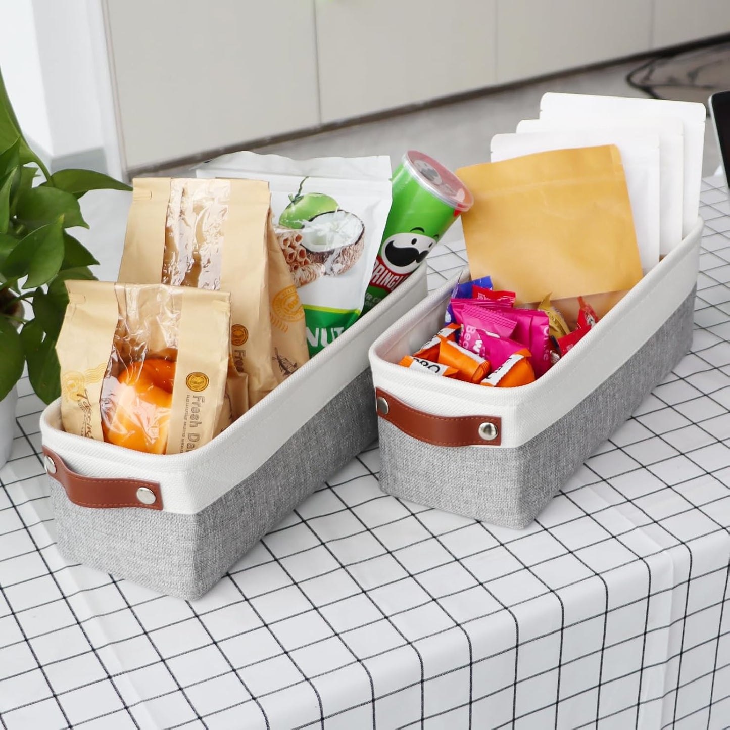 Univivi 4PC Small Fabric Storage Bins,15x6x5 inch Long Narrow Storage Baskets with PU Handles for Closet,Cabinet,Countertop Organizing Small Items (Gray,15x6x5 inch)