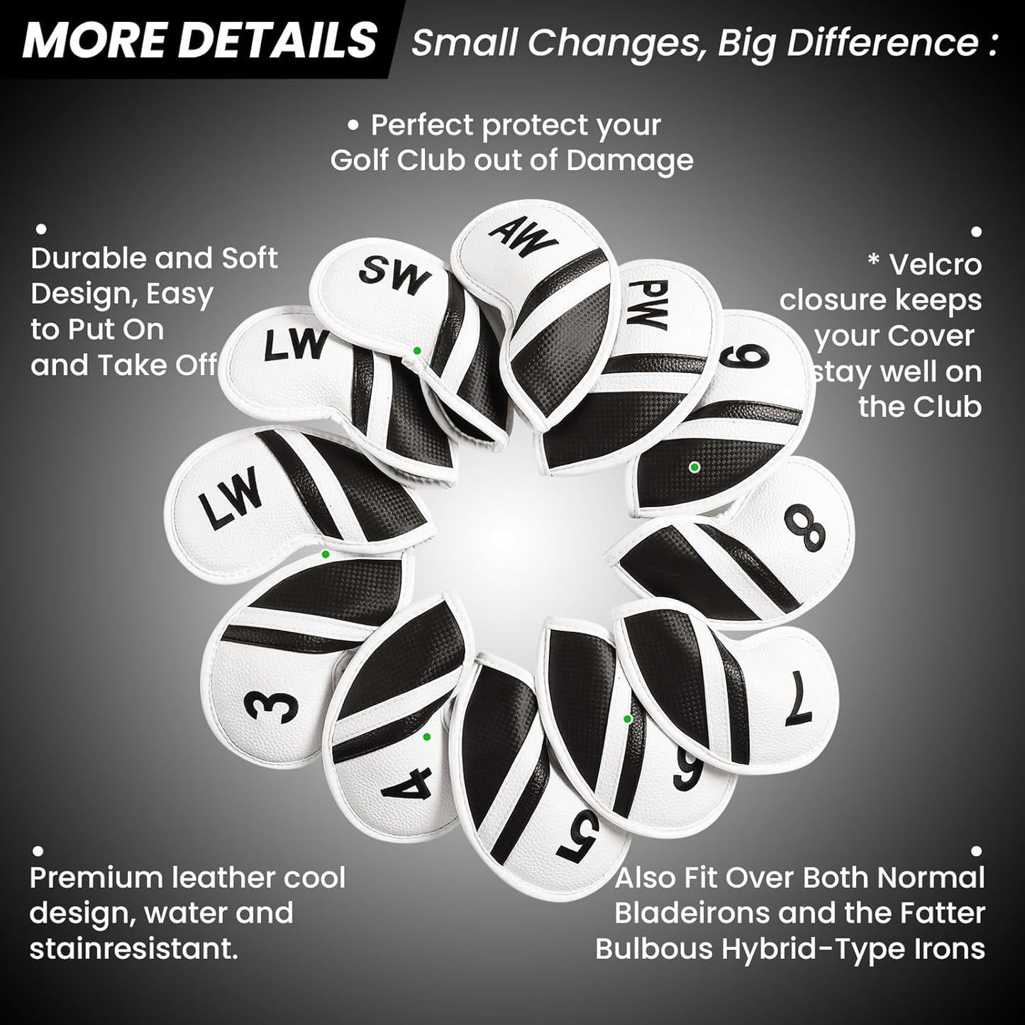 Amy Sport Golf Iron Head Covers Value 12 Pcs Set Thick Synthetic Leather, Protection Weatherproof Club Headcover Fit Universal Main Iron Wedge Golf Clubs for Men Women