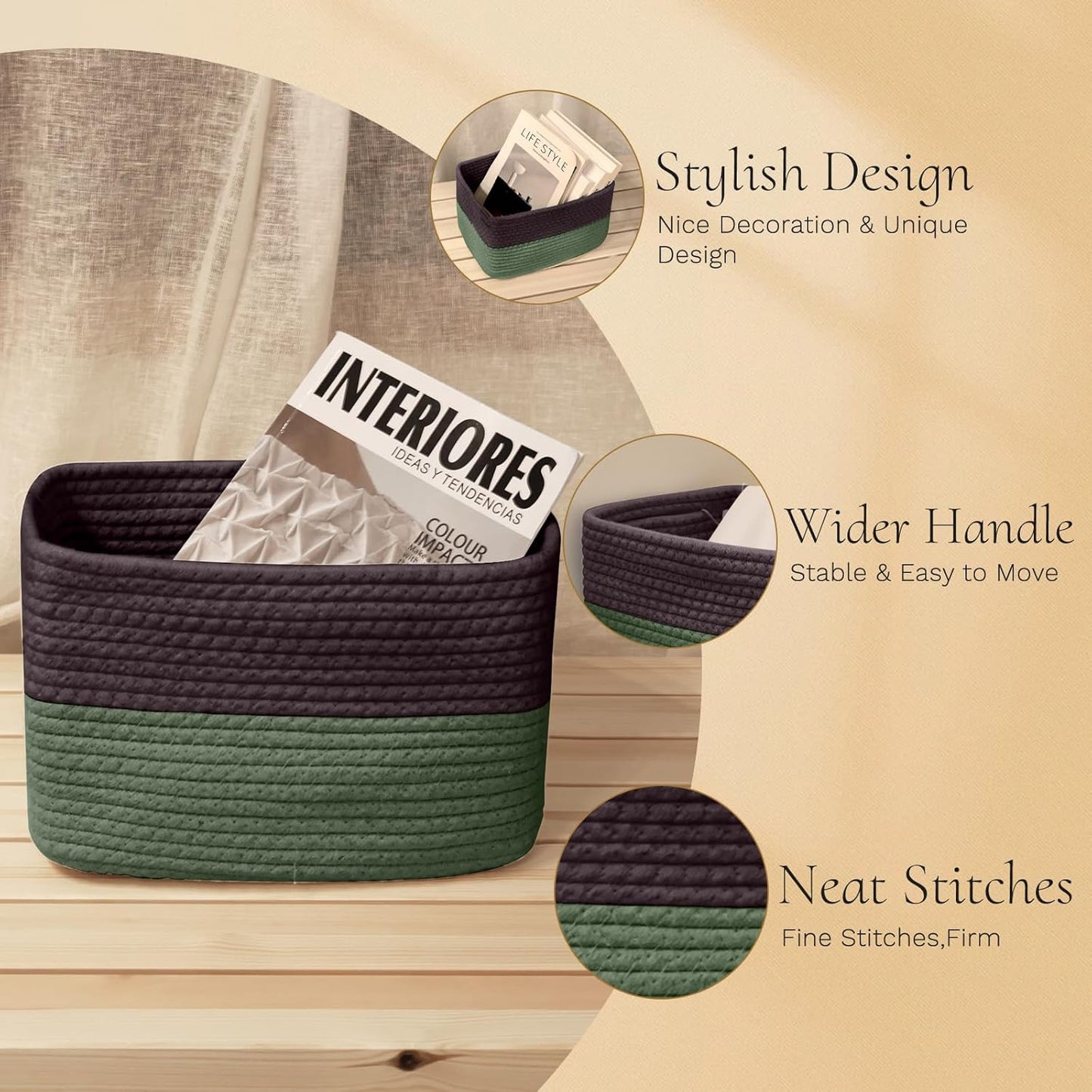 Hopegiver Woven Storage Baskets 11x8x7 Inch, 3 Pack Collapsible Cube Storage Bin for Shelves - Foldable Cotton Rope Organizer Bins for Towels, Toys, Books, Closet, Nursery (Brown Green)