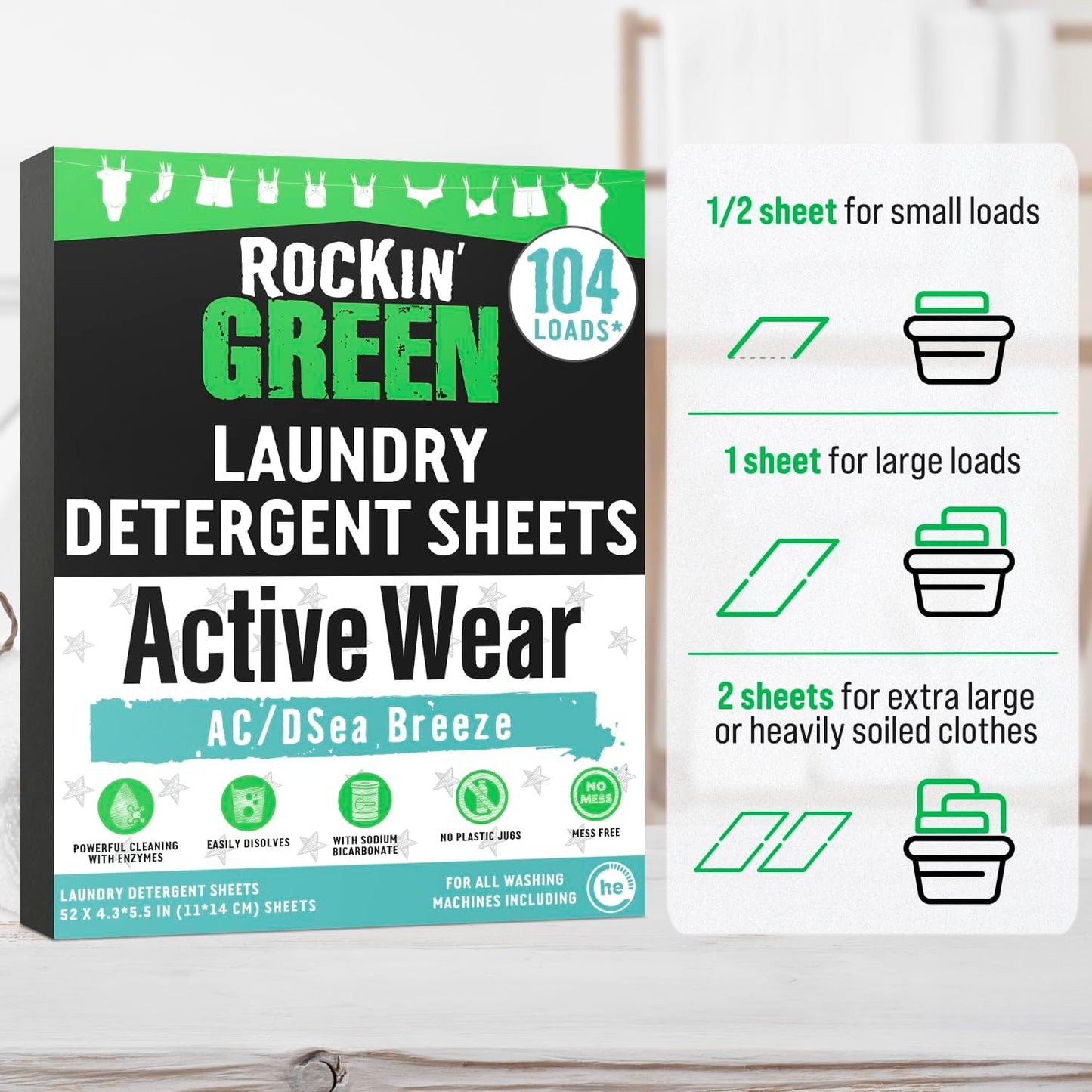 Rockin' Green Active Wear Travel Laundry Detergent Sheets - Mess-Free Laundry Sheet Detergent with Sodium Bicarbonate - Easily Dissolvable Laundry Soap Sheets (104 Loads, AC/DSea Breeze)