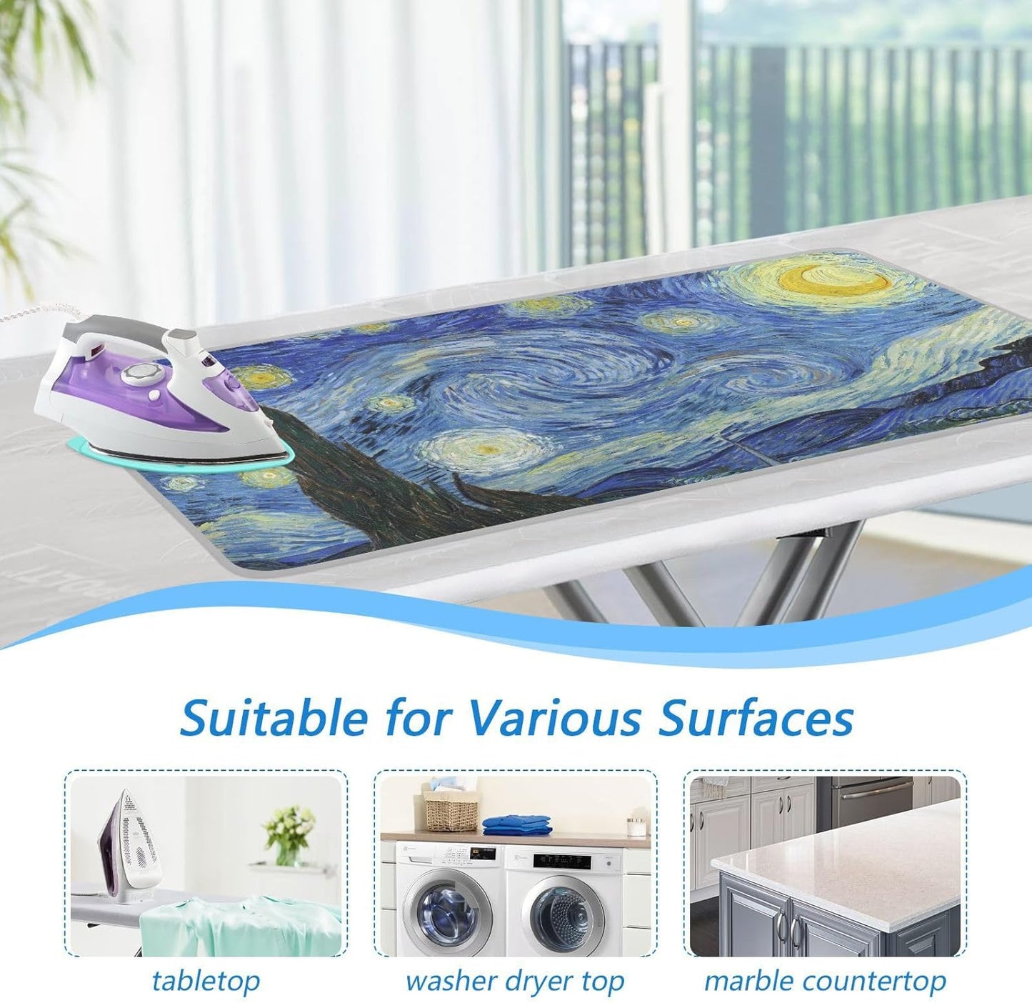 Ironing Mat Thickened Ironing Blanket Travel Portable Double-Side Using Ironing Pad Travel Isolate Heat Pad Cover for Washer Dryer Table Top Countertop (27.6x47.2in) Vangogh Starry Night