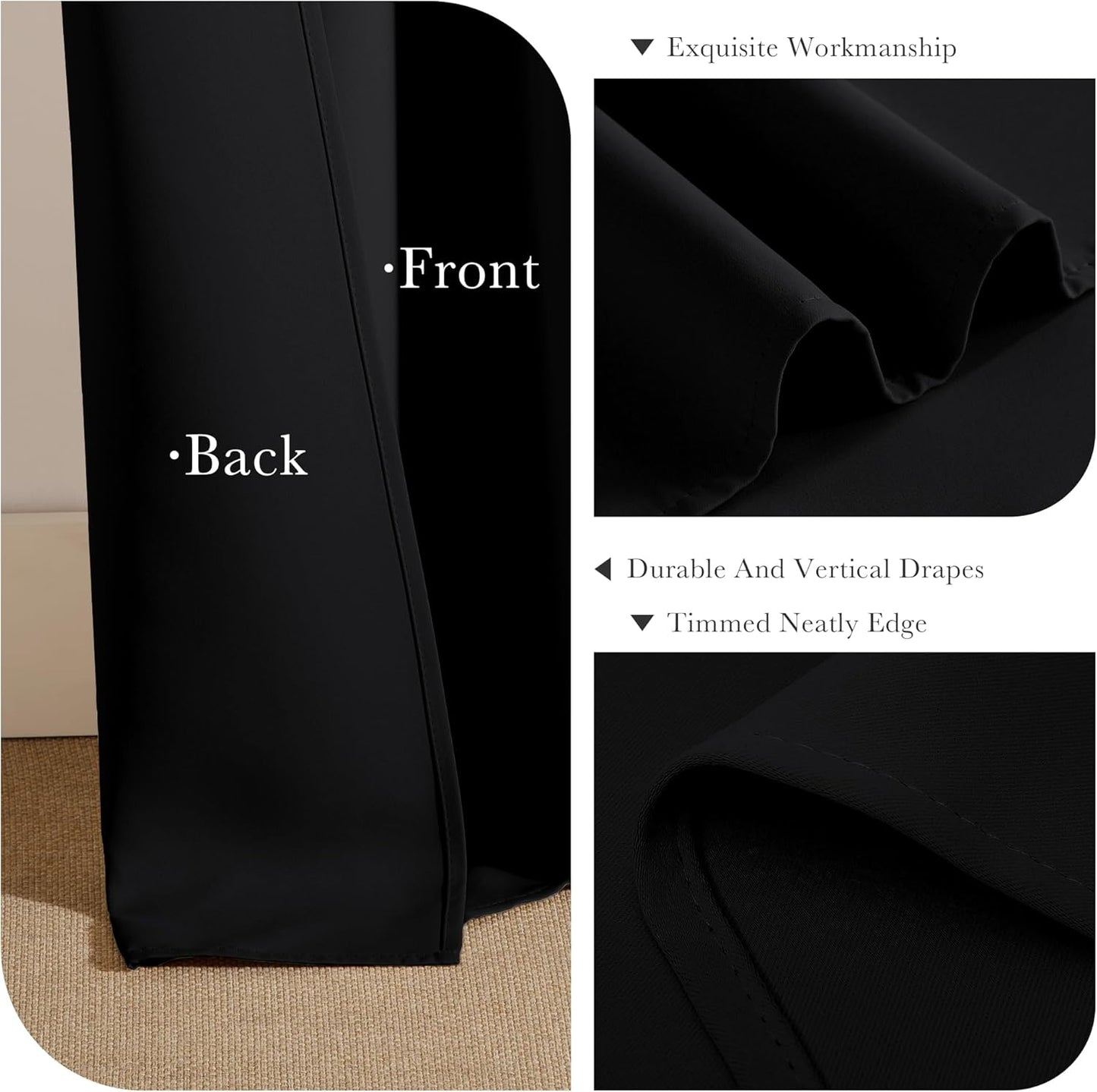 PONY DANCE Blackout Curtain Drapes - Window Treatments Solid Thermal Insulated Grommet Blackout Curtains for Bedroom Home & Kitchen Room Darkening Energy Saving, 42 W x 45 L, Black, Double Panels