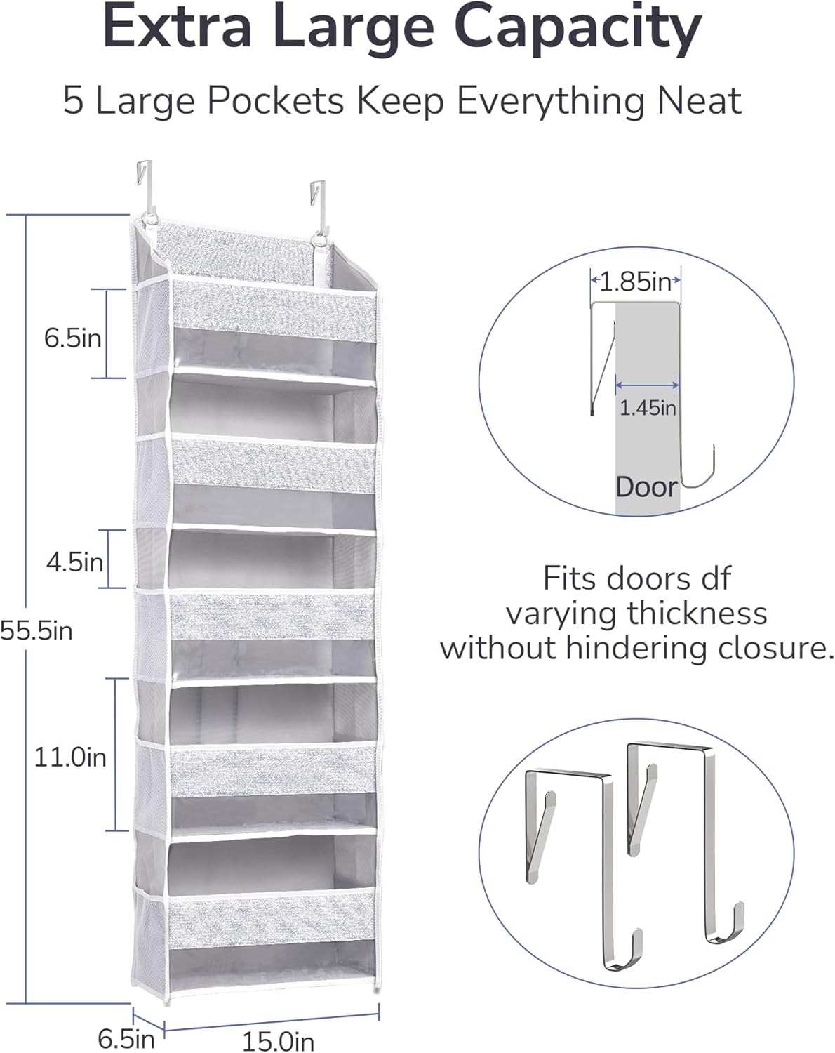 ULG 1 Pack Over Door Organizer with 5 Large Pockets 10 Mesh Side Pockets, Upgraded Linen Texture Over The Door Storage, 44 lbs Weight Capacity Hanging Storage Organizer, Light Gray
