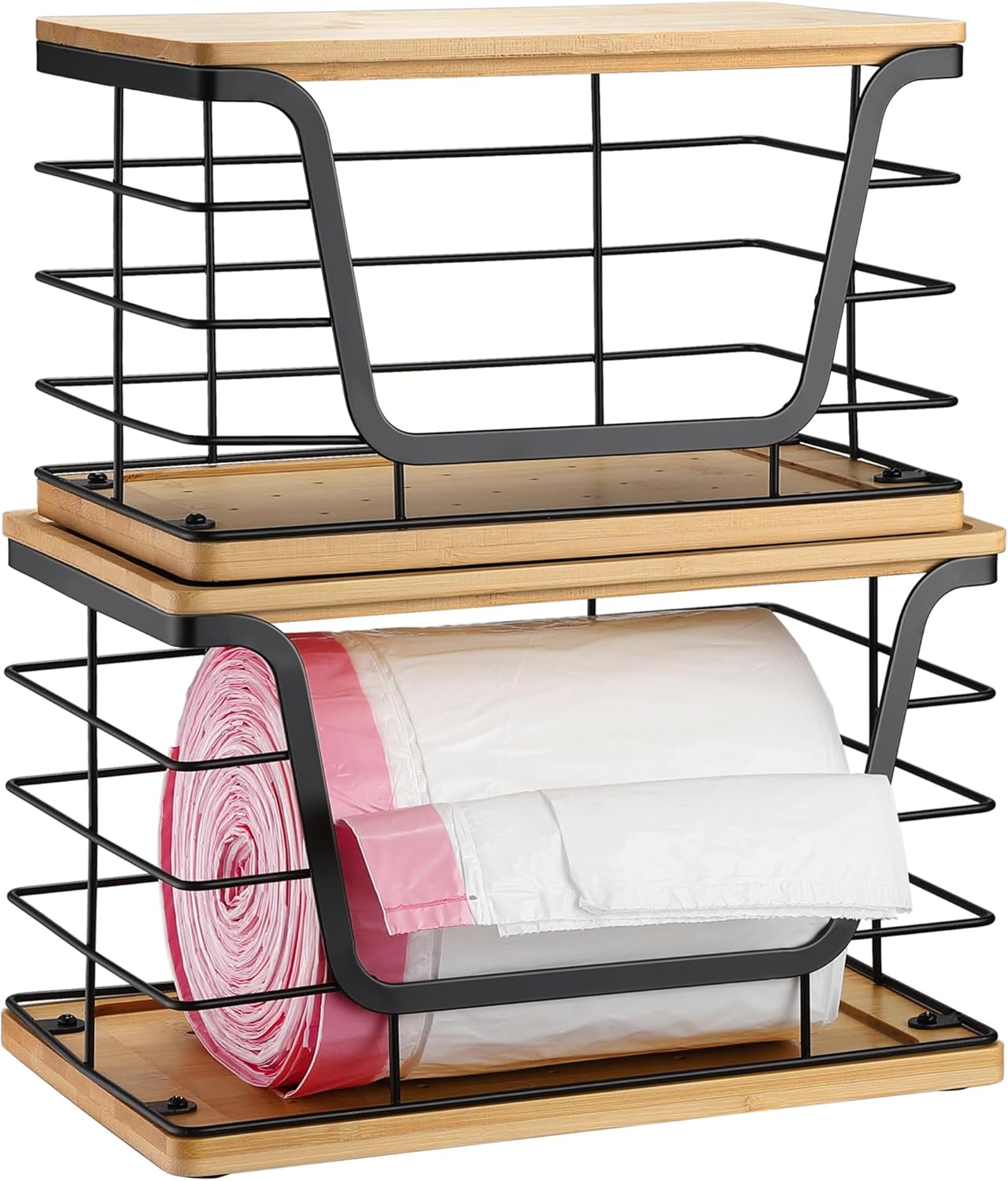 ALOCEO 2 Pack Large Garbage Bag Dispenser for 13/30/33 Gallon Bags, Potato and Onion Storage Baskets with Bamboo Lid, Stainless Steel Stackable Storage Bins for Kitchen Laundry Pantry Room