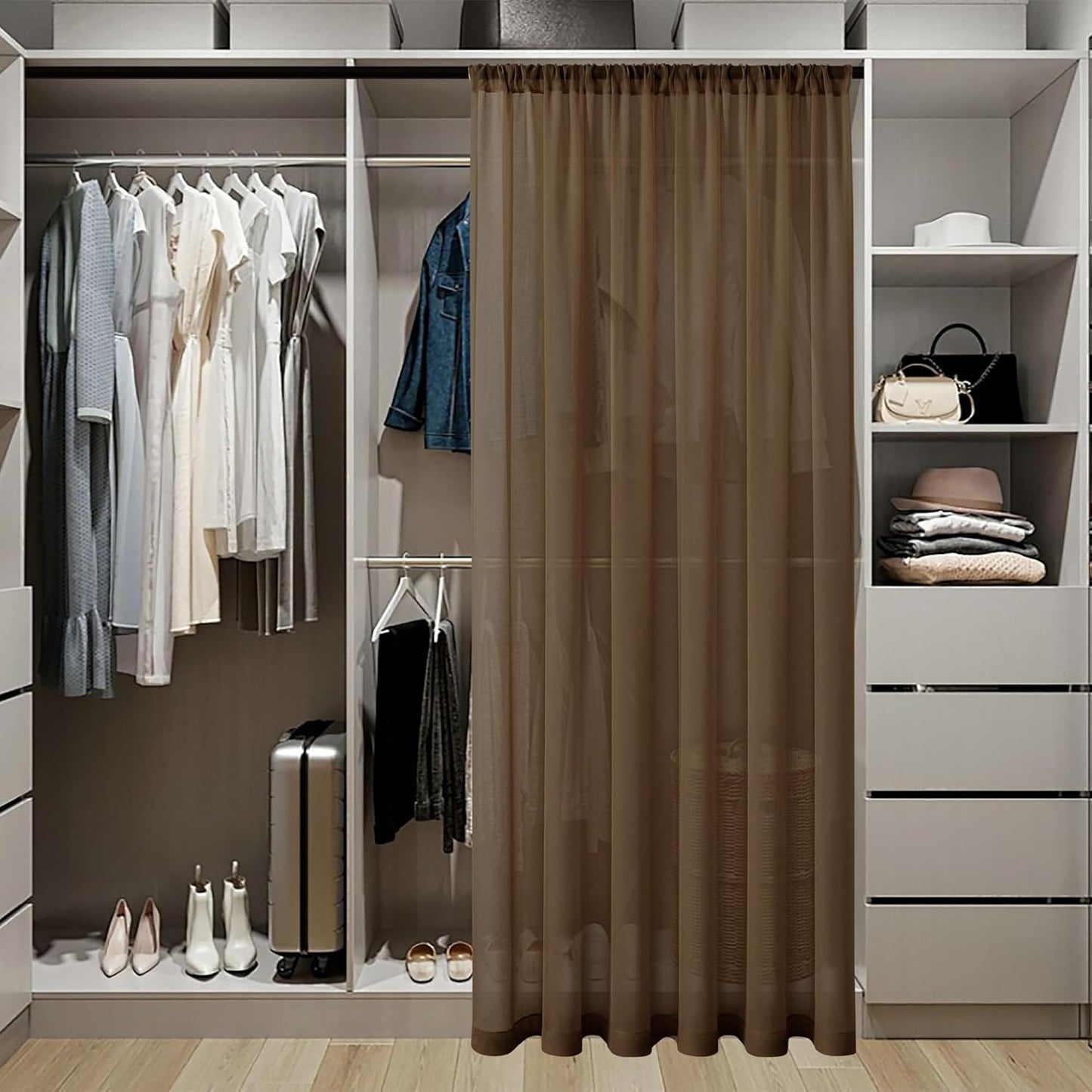 Tollpiz Sheer Door Curtains Closet Linen Textured Curtain Sheers Doorway Light Filtering Voile Patio Glass Door Rod Pocket Curtains French Door, 54 x 80 inches Long, Brown, Set of 1 Panel