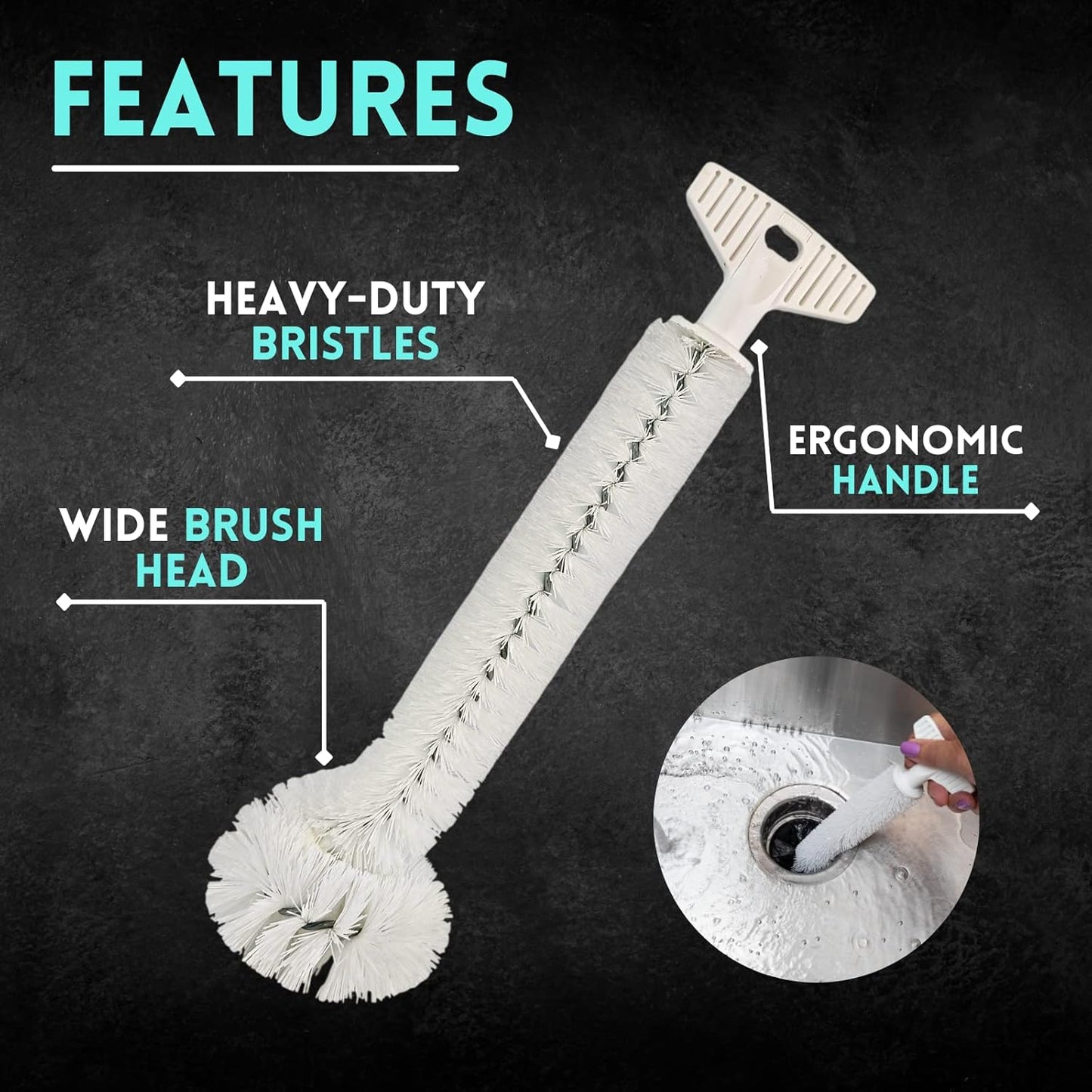 Universal Garbage Disposal Cleaner and Deodorizer, 12" Long Sink & Drain Brush Cleaner for Eliminating Residues & Odor, Sturdy T-Grip Handle, USA Made Sink Disposal Cleaning Brush by FryOilSaver Co.