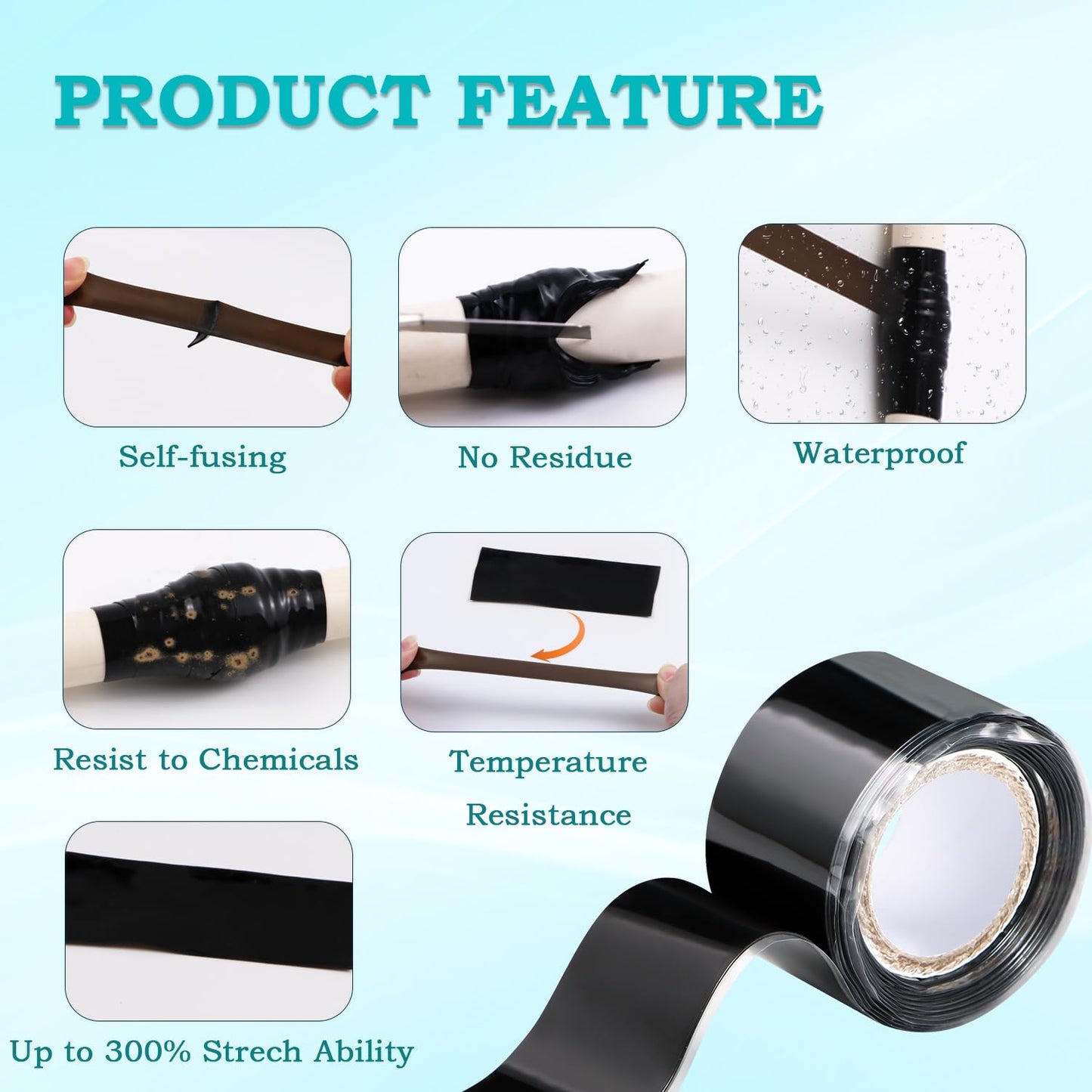 Self Fusing Silicone Tape 2 Rolls 1 in x 5' Black Waterproof Rubber Leak Proof Sealing Rubber Self-amalgamating Tape for Emergency Hot and Cold Water Pipe Repairs and Tool Fixation