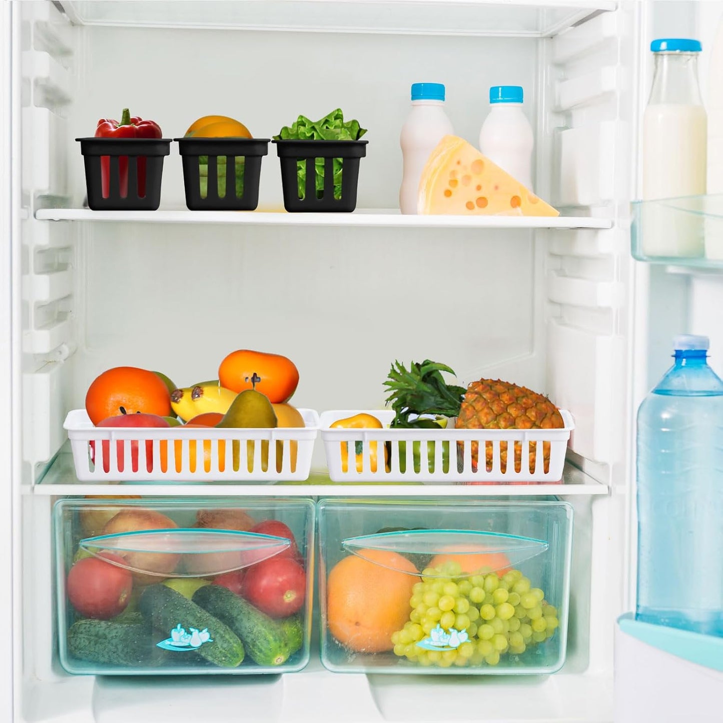 Domensi 12 Pack Slim Plastic Storage Baskets Tray for Organizing 10.25x3.25x2.5 Inch Small Narrow Storage Bins Stackable Drawer Pencil Trays Holder for Desk Garage Cabinet Container (White, Black)