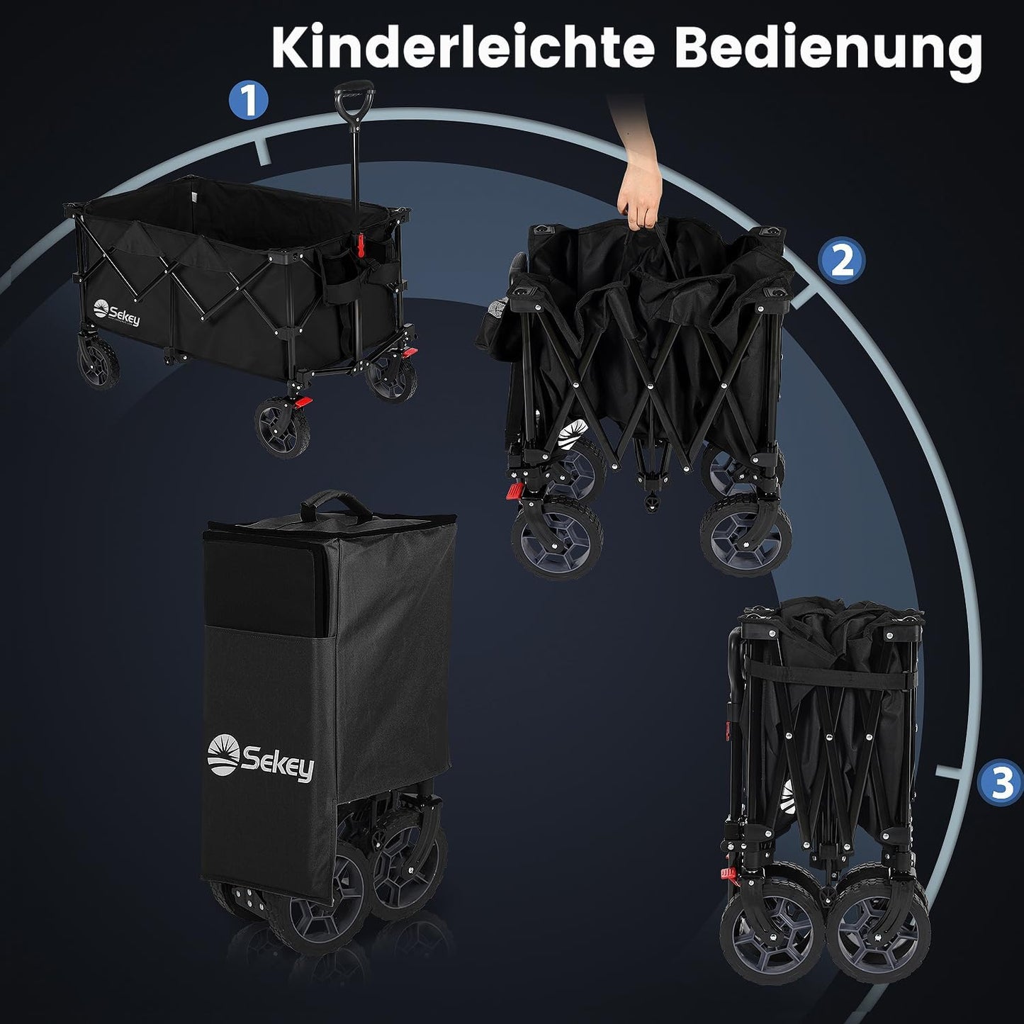 Sekey 220L Collapsible Foldable Wagon with 330lbs Weight Capacity, Heavy Duty Folding Wagon Cart with Big All-Terrain Wheels & Drink Holders (Black)