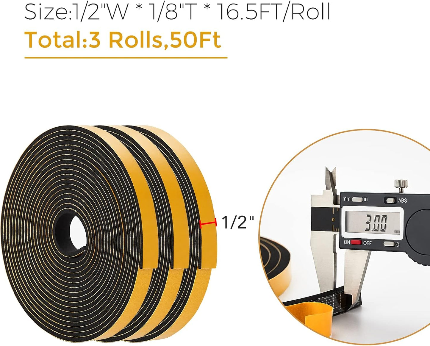 50 Feet Weather Stripping Door Seal, 1/2" Wide X 1/8" Thick Door Seal Strip High Density Foam Tape Adhesive Strip for Door Soundproofing,Window Insulation (1/2" x 1/8" x 50FT,Black)