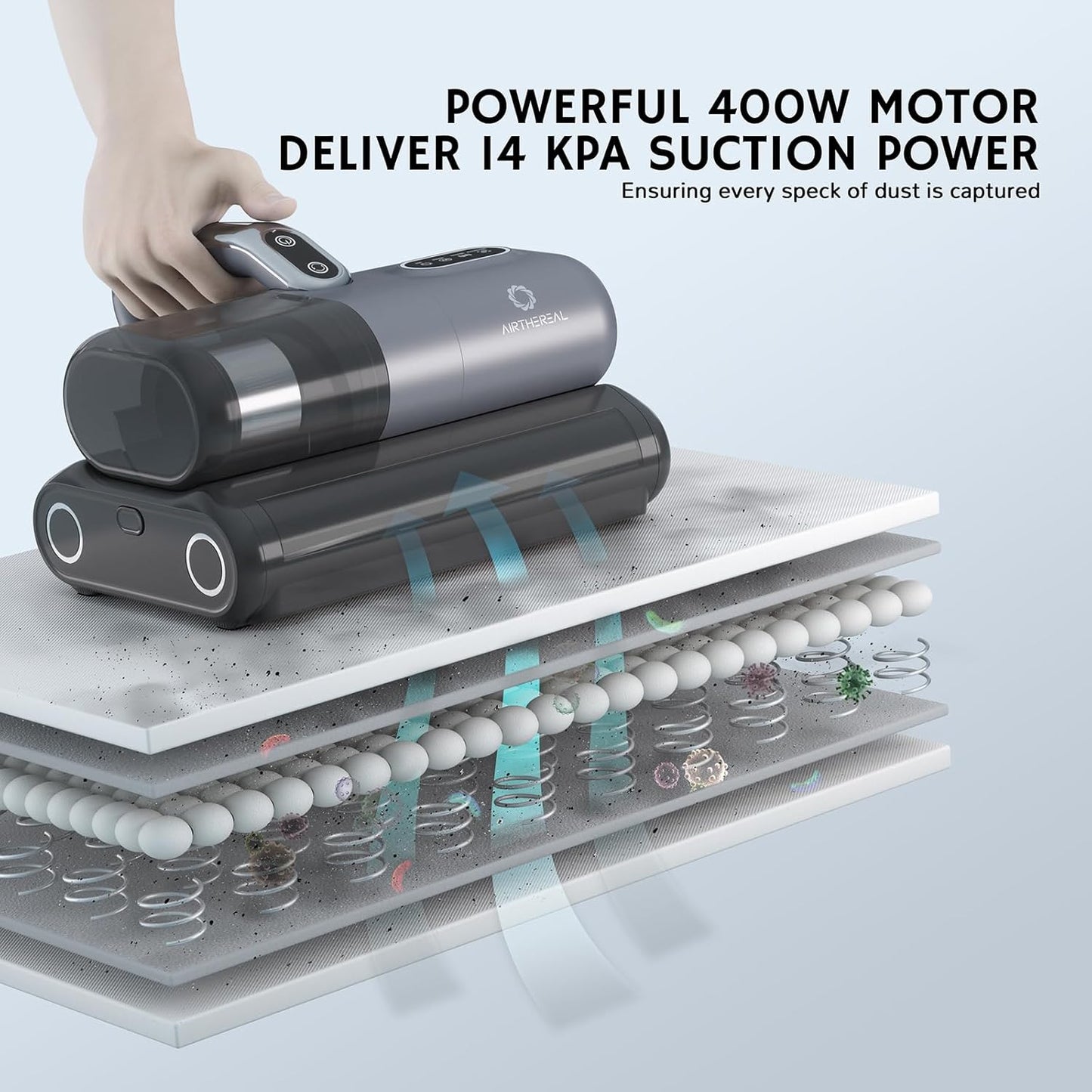 AIRTHEREAL M1 Mattress Vacuum Cleaner, 6 in 1 Bed Vacuum with High-Frequency Vibration - 80,000 RPM Dual Brushroll Rotation, UV-C Light, 14Kpa Suction, Dust Sensor, Ultrasonic and Heating Tech