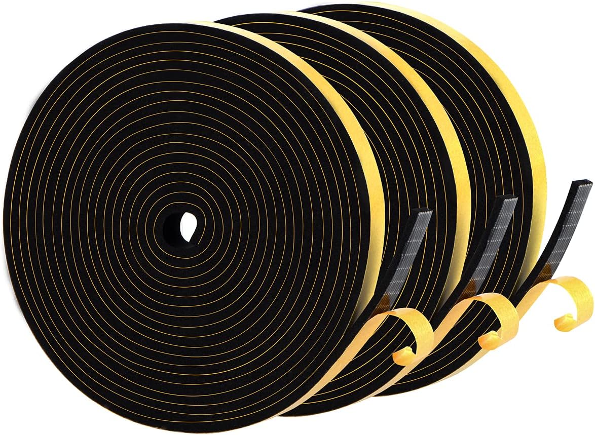 Weather Stripping Soundproof 1/2 in x 1/8 in, Door Seal Strip High Density, Weatherproof Insulation Foam Tapes for Windows, 3 Rolls Total 49.5Ft