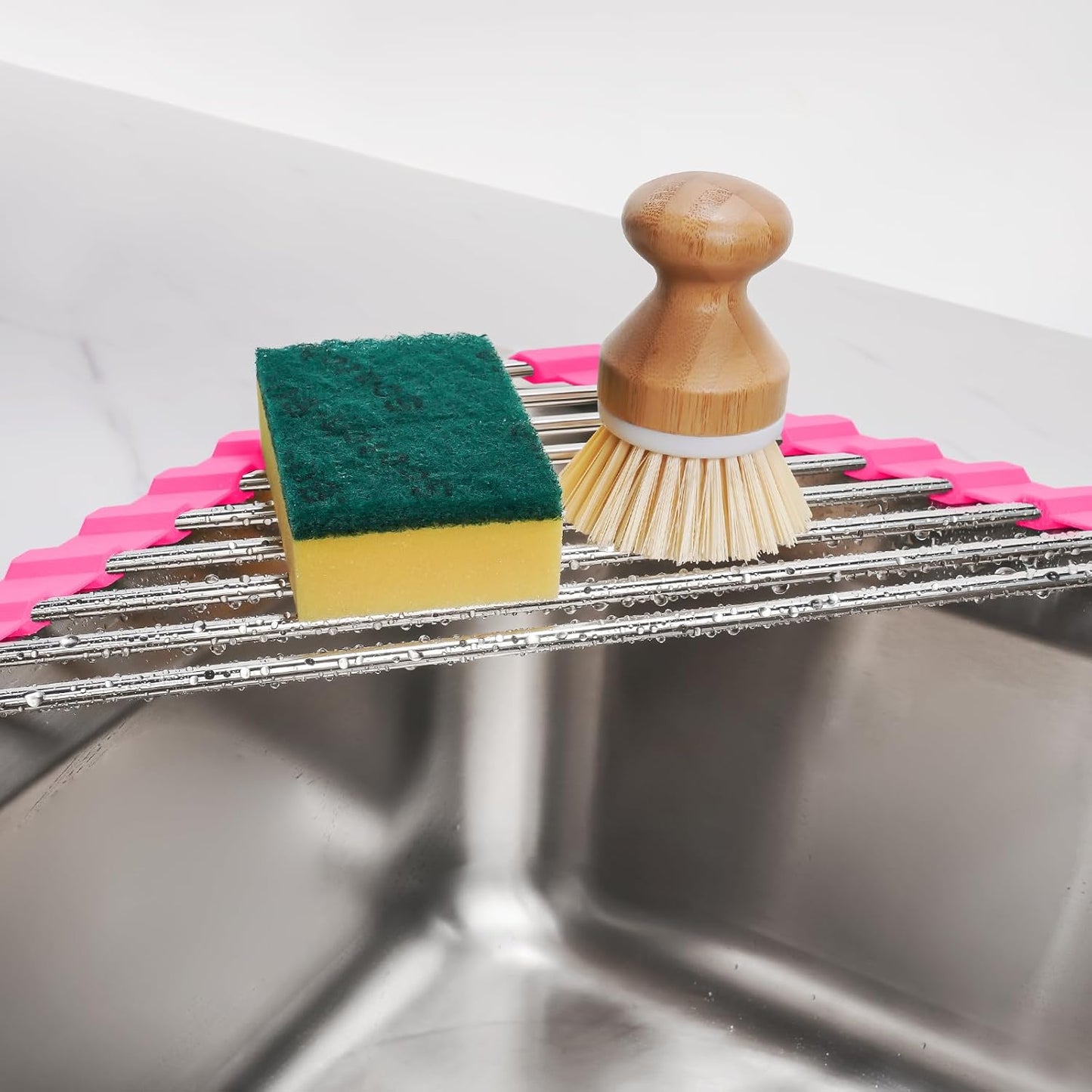 Tomorotec Triangle Roll-Up Dish Drying Rack for Sink Corner - Small, Foldable, Stainless Steel, Multipurpose Kitchen Drainer Caddy, Trivet, Rustproof Organizer, Storage Shelf (Rose)
