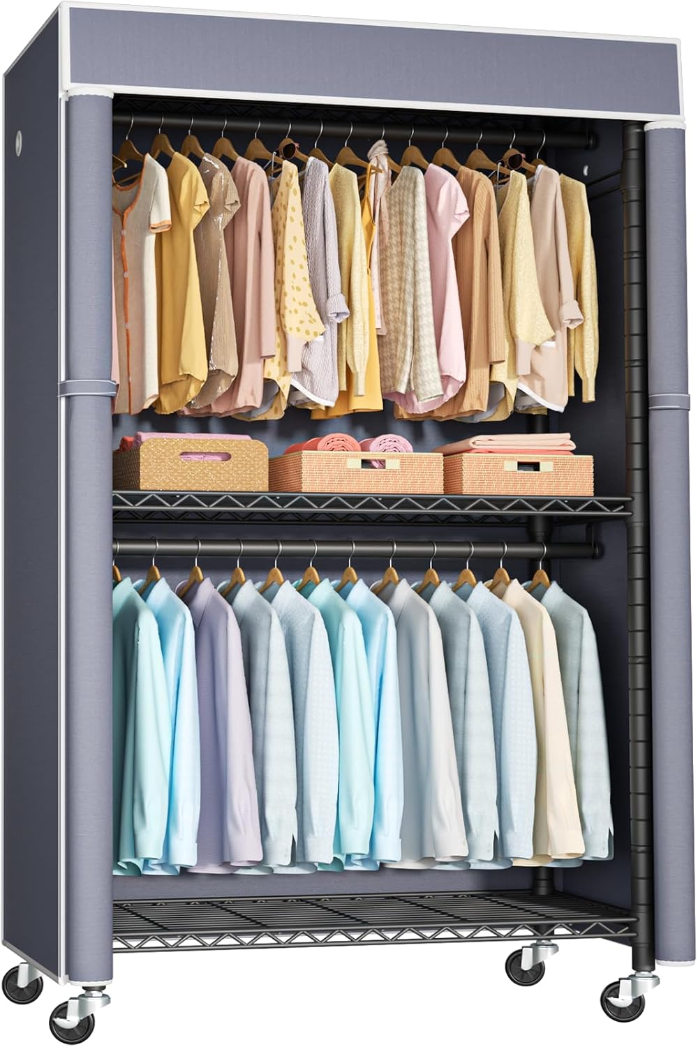 FUTASSI Black Clothing Rack with Grey Cover, P1C Rolling Closets with Wheels, Metal Garment Rack for Hanging Clothes, Clothing Storage Wardrobe, 36.2" W x 16.5" D x 80.5" H, Load 450 Pounds