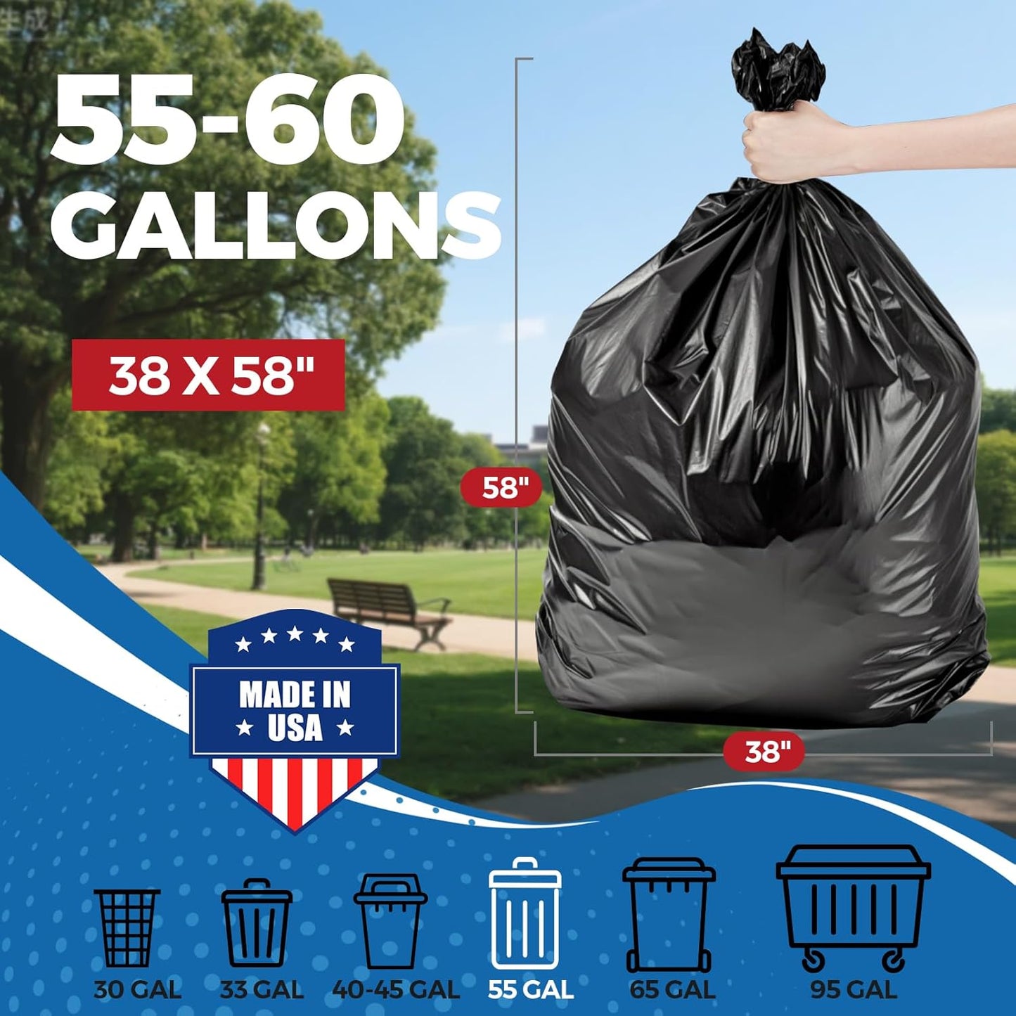 Fuxury 55-60 Gallon Heavy Duty Trash Bags, 100 Count Black Garbage Bags, 23 Mic Thick, 38x58 in, Star-Seal Bottom, Plastic Bags Ideal for Home, Yard & Commercial Use, Made in USA