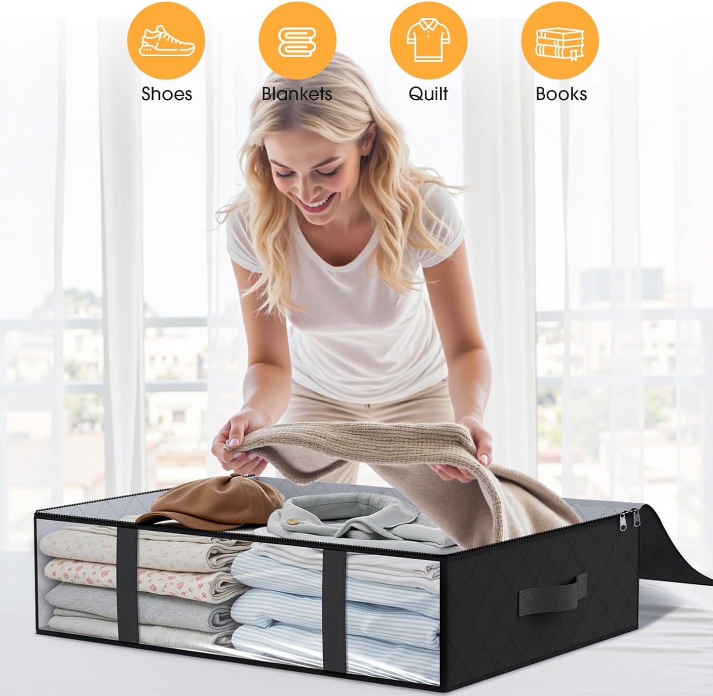 StorageRight Under Bed Storage Bins, 10-Pack 40L Foldable Fabric Storage Bags with Transparent Window, Breathable Organizer for Clothes/Blanket/Comforter/Quiltr, Black