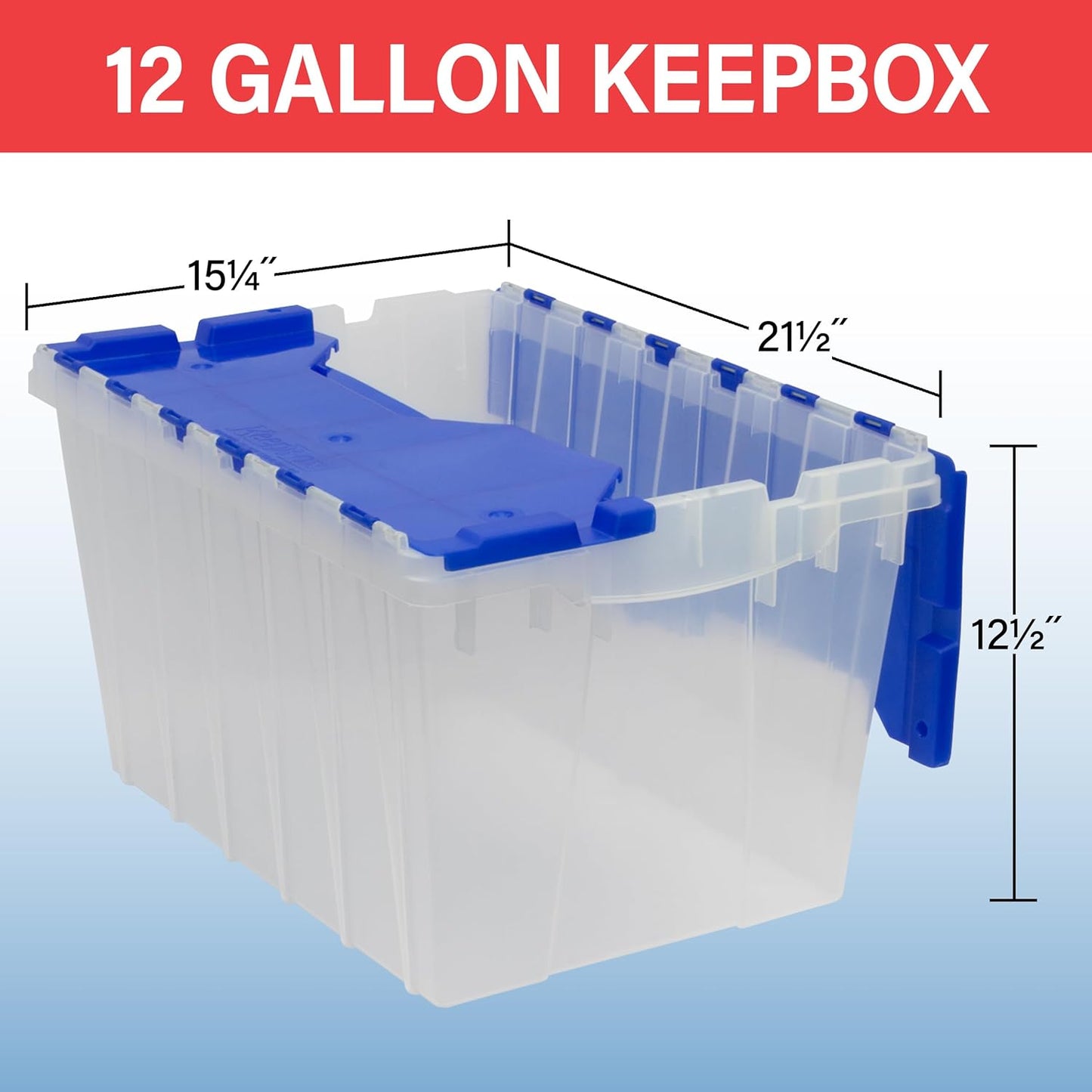 Akro-Mils KeepBox 12 Gallon Storage Container, Nesting and Stackable Plastic Storage Box with Lid Attached, Clear Tote for Garages, Closets, and Moving, 21-1/2" x 15" x 12-1/2", Clear/Blue