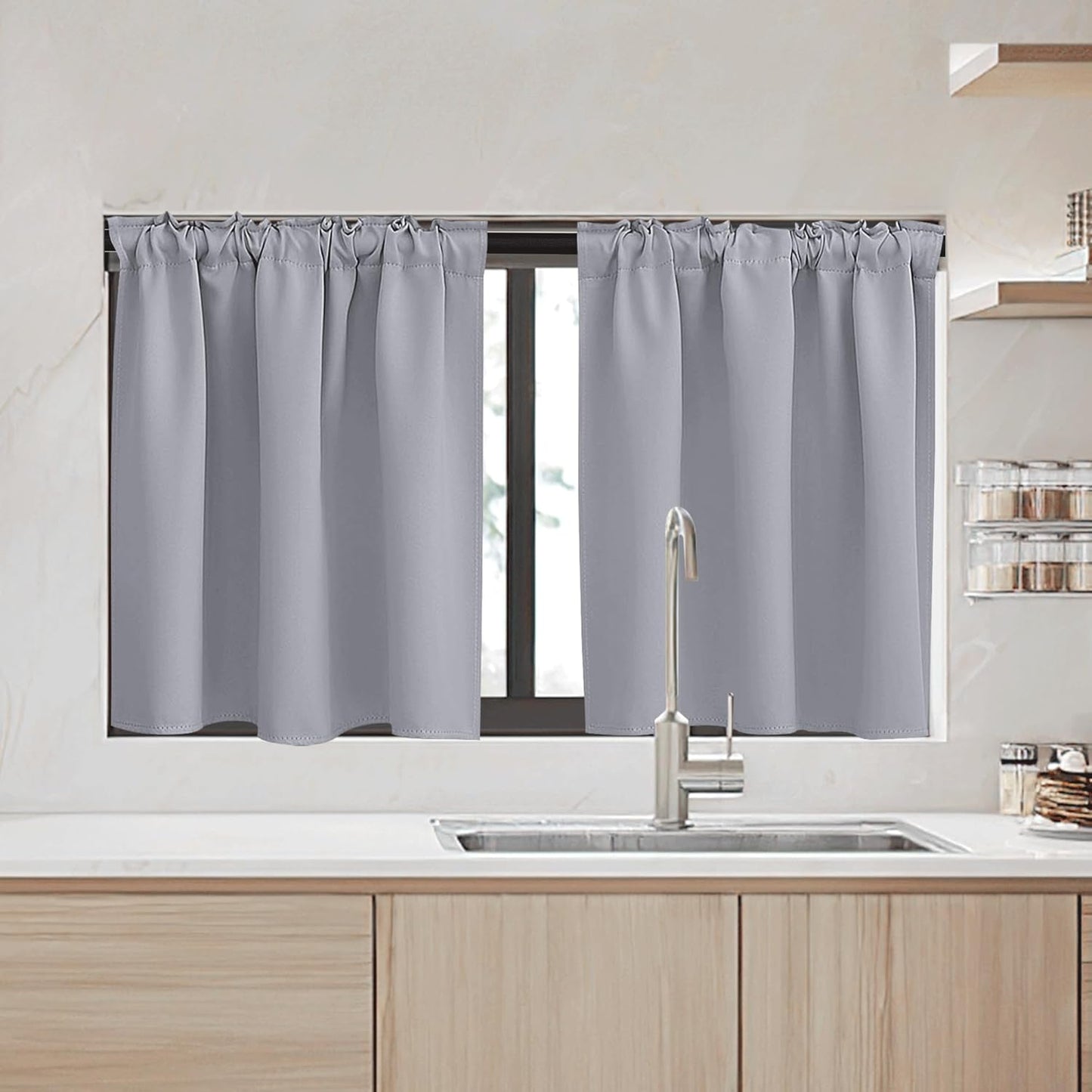 RYB HOME Kitchen Window Curtains - Blackout Privacy Half Window Curtains for Bedroom Bathroom Dining Living Room Cafe Office Short Tiers Drapes, W 34 x L 36 inches, 2 Panels, Silver Grey