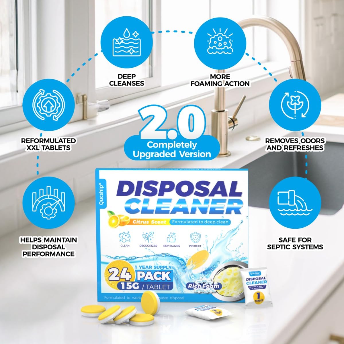 Qucship Powerful XXL Foaming Garbage Disposal Cleaner and Deodorizer Tablets - 24 Pack, Citrus Scent Garbage Disposal Cleaner, Sink Drain Clean for 1 Year Kitchen, House, Home Cleaning Essentials