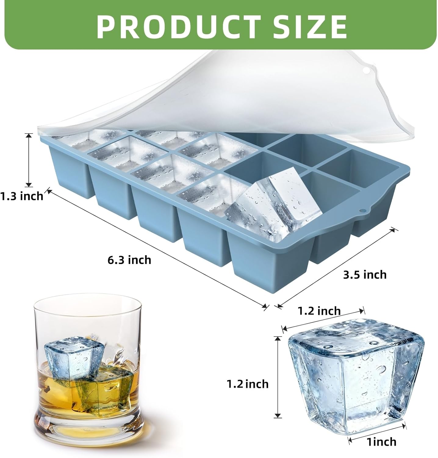 Silicone Ice Cube Tray, 3 Pack Easy-Release Stackable Ice Trays for Freezer with Lid 15 Reusable Cubes, Food Grade BPA Free Ice Molds for Whiskey, Baby Food, Coffee, Cocktail (Blue+Green+Grey)