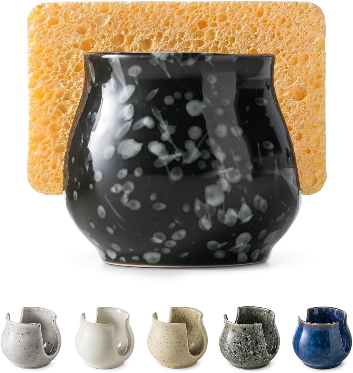 Kitchen Sponge Holder, Ceramic Dish Sponge Holder Kithen Sink Organizer Farmhouse Brush Holder Dish Rack for Bathroom, Kitchen, Sink, Black