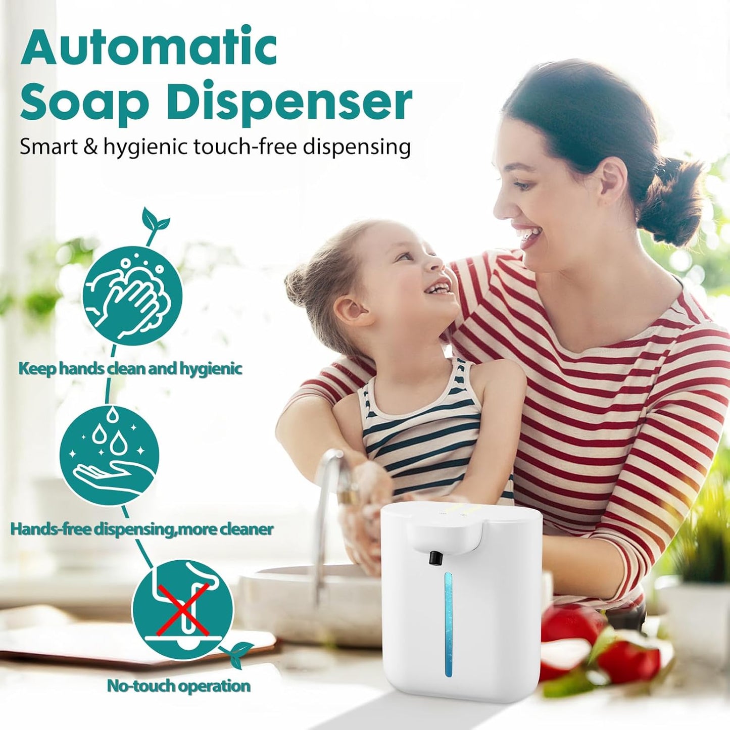 Automatic Soap Dispenser, 17oz/500ML Large Capacity Touchless Foaming Hand Soap Dispenser with 4 Foam Adjustments, Rechargeable for Kitchen, Bathroom, Wall Mount or Countertop Use (White)