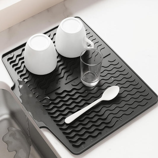 Dish drying mats for kitchen counter, Silicone dish drying mat ,Heat resistant mats for countertop,With drain port ,Stone drying mat for kitchen counter (15.6" x 13", black)