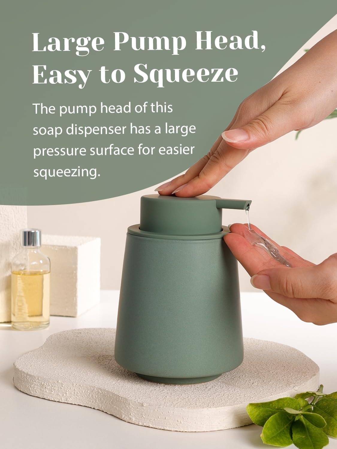 INGOFIN Ceramic Soap Dispenser, 14 oz Bathroom Hand Soap Dispenser, Liquid Dispenser with Pump, Refillable Modern Lotion Dish Dispenser for Kitchen, Matte Green