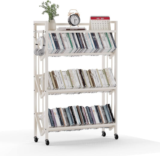 Book Carts 4 Tier 46.5x35.4x9.84 in Rolling Book Cart Large Capacity Bookshelf Storage Rack Mobile Book Storage with Wheels Cart for Home Office Living Room Classroom (White)