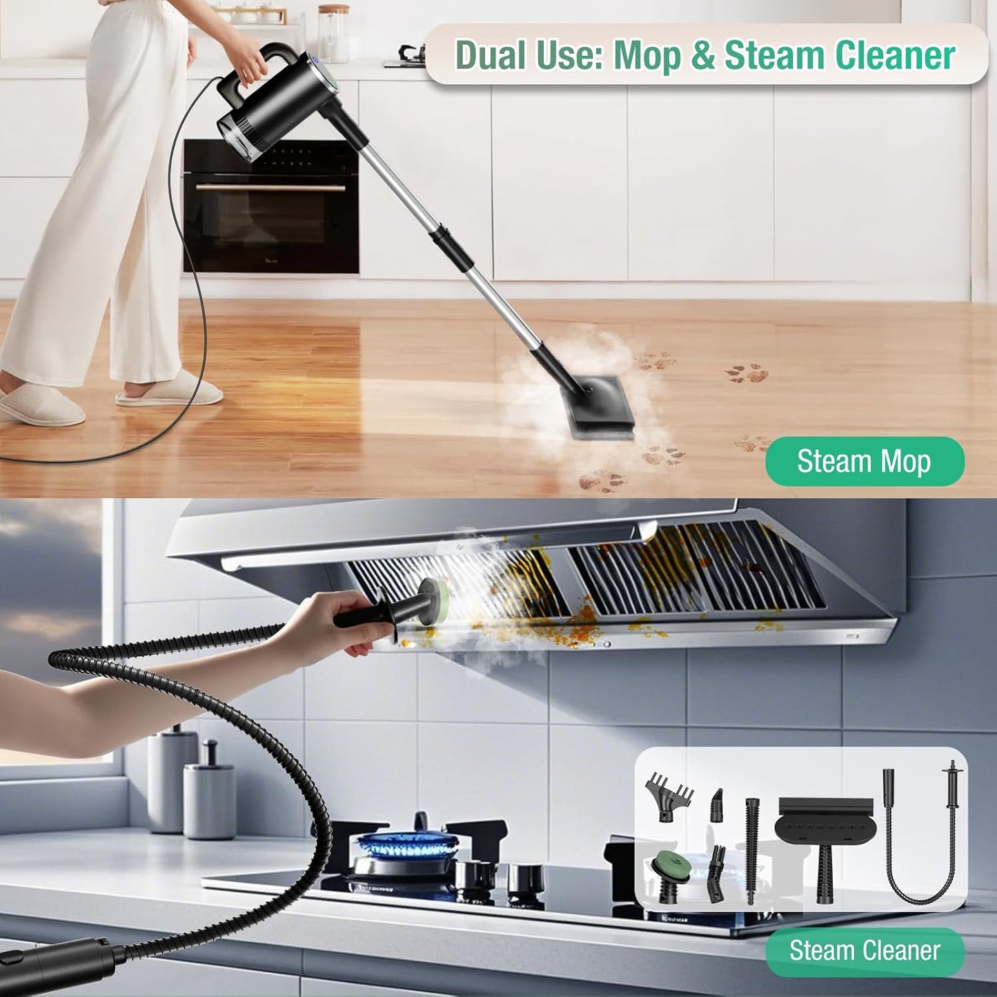 11-in-1 Steam Mop - Detachable Handheld Steam Cleaner with 500mL Tank, 260℉ Floor Steamer for Hardwood, Tile, Grout, Windows, Bath & Kitchen - 3-Level Steam Control, Multi-Purpose Floor Steam Cleaner