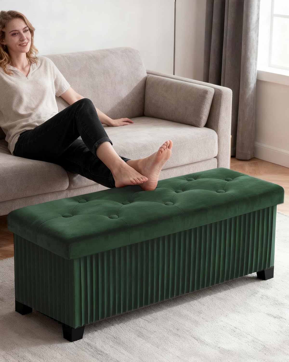 Storage Ottoman Bench, 43 Inch Foldable Ottoman with Legs, Velvet Foot Rest Stool, End of Bed Bench, Storage Chest for Living Room, Bedroom (Green)