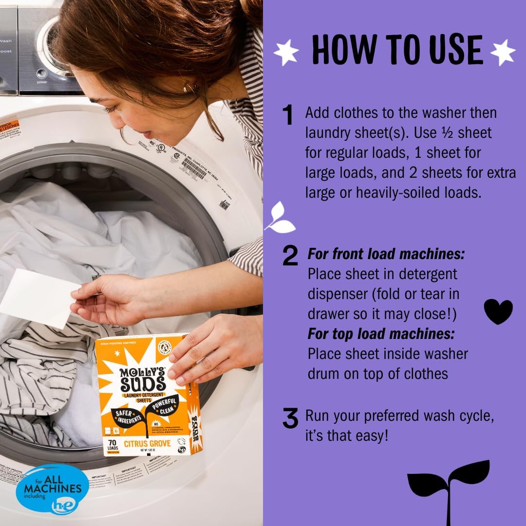 Molly’s Suds Laundry Detergent Sheets | Gentle on Sensitive Skin, Powerful Bio-Based Enzymes, Stain-Fighting | Liquidless & Plastic-Free Packaging | 70 Loads (Lavender)