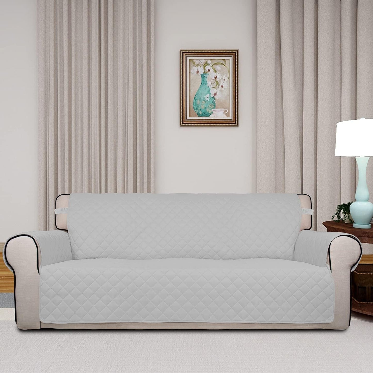 PureFit Reversible Quilted Sofa Cover, Water Resistant Slipcover Furniture Protector, Washable Couch Cover with Non Slip and Elastic Straps for Kids, Pets (Oversized Sofa, Light Gray/Ivory)