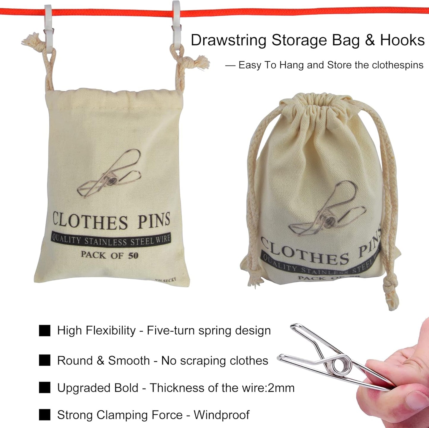 50 Pcs Clothespins Laundry Chip Clips - Durable Stainless Steel Clothes Pins,Heavy Duty Clamp Metal Wire Clothes Pegs with One Storage Bag & 2 Hooks,for Outdoor Clothesline Home Kitchen Office