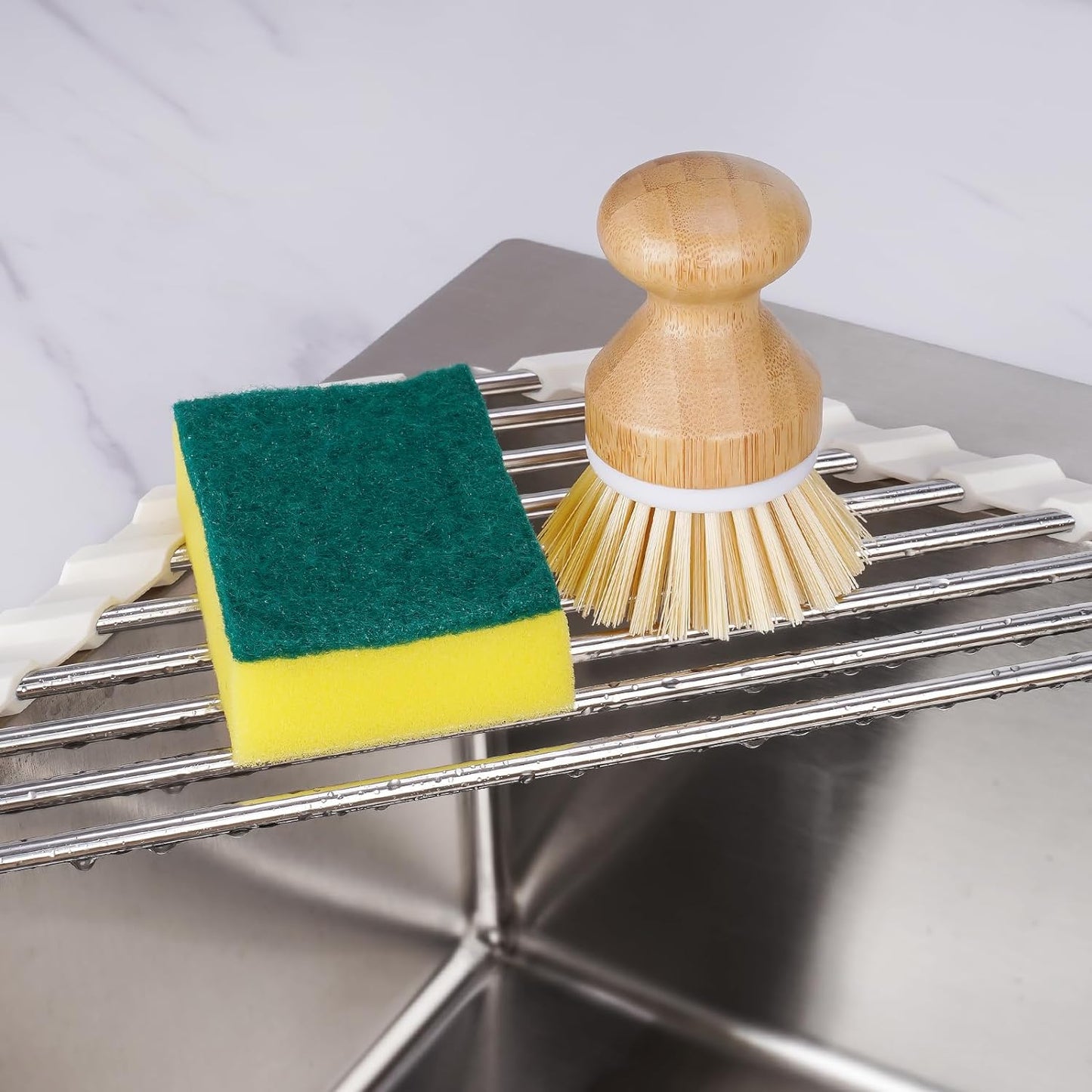 Tomorotec Triangle Roll-Up Dish Drying Rack Sink Corner Small Foldable Stainless Steel Over The Sink Multipurpose Kitchen Drainer Caddy Organizer Storage Shelf Holder (Coconut Milk White)