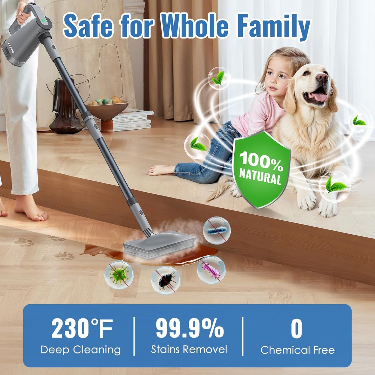 FEPPO Steam Mop with Detachable Handheld Steam Cleaner for Home and Floor Cleaning, 10-in-1 Multi-purpose Attachments & 2 Pads, Powerful Steamer for Floors, Hardwood, Tiles,Grout,Windows,Kitchen,Bath