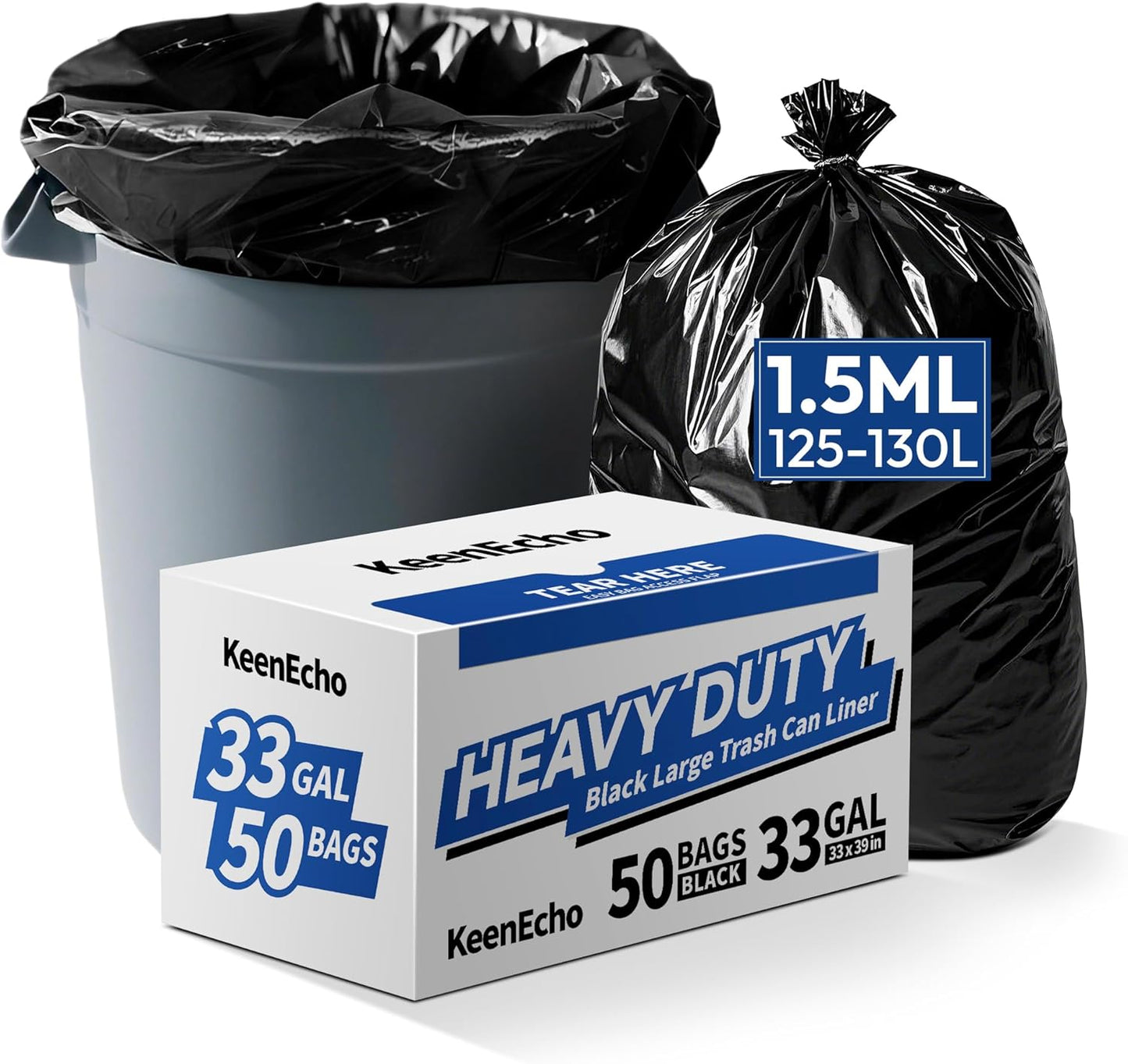 Heavy Duty Contractor Trash Bags 30-33 Gallon 50 Count, 1.5 Mil Extra Thick, Strong Black Garbage Bags, Leakproof Star Seal for Construction, Yard, Demolition Debris