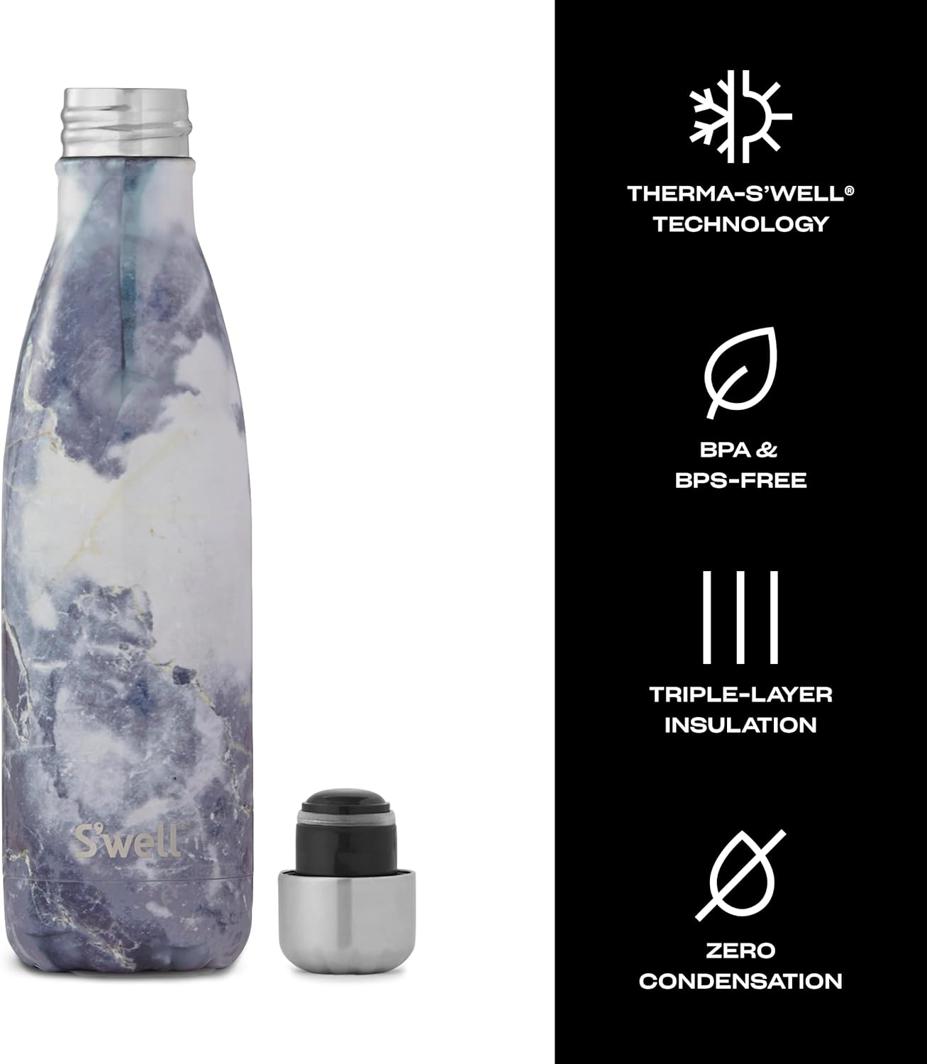 S'well Stainless Steel Water Bottle, 17oz, Blue Granite, Triple Layered Vacuum Insulated Containers Keeps Drinks Cold for 36 Hours and Hot for 18, BPA Free, Perfect for On the Go