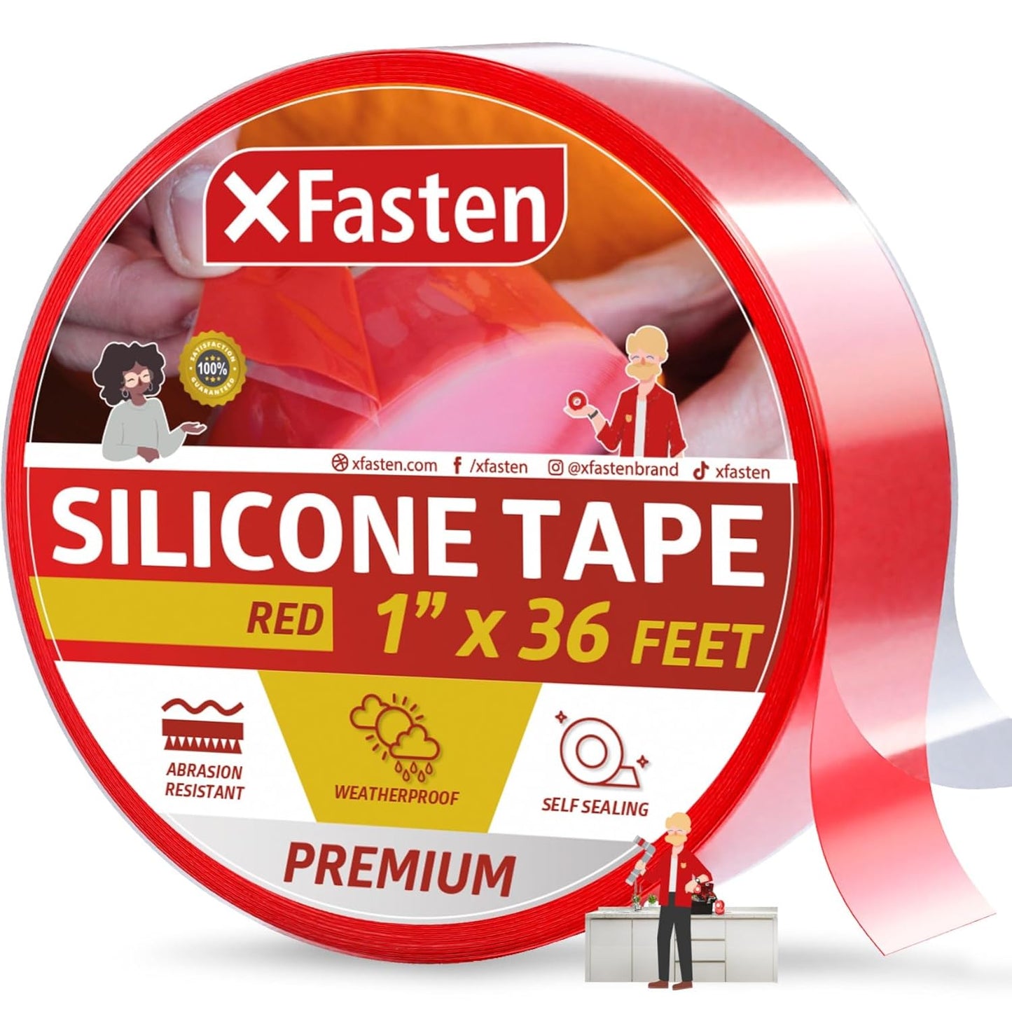 XFasten Self Fusing Silicone Tape Waterproof – 1" x 36 Feet Red, Self Amalgamating Tape, Silicone Rubber for Plumbing, Sealing Pipes, Hose Repair, Outdoor Coax and Electrical Cables – Weatherproof