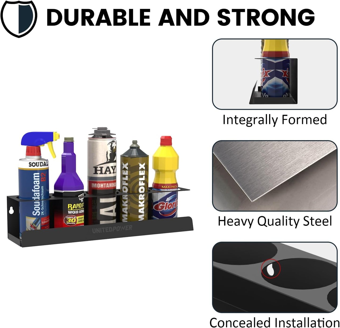 UNITEDPOWER 5 Aerosol Spray Can Holder, Paint Bottle Storage Rack, Steel Wall Mount Shelf, Tool Organizer for Garage, Craft Workspace and Home