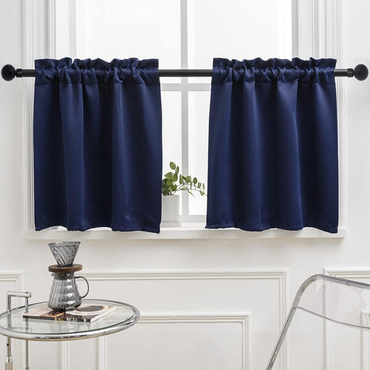 Pickluc Navy Blue Cafe Curtain (Half Window Curtain) 30 Inches Length, Rod Pocket Small Kitchen Curtain, Short Blackout Curtain for Small Window, 30" Wide and 30" Long, 2 Panels