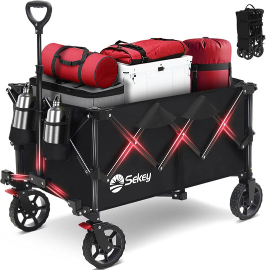 Sekey Collapsible Foldable Wagon with 330lbs Weight Capacity, Heavy Duty Folding Wagon Cart with Big All-Terrain Wheels & Drink Holders. Black
