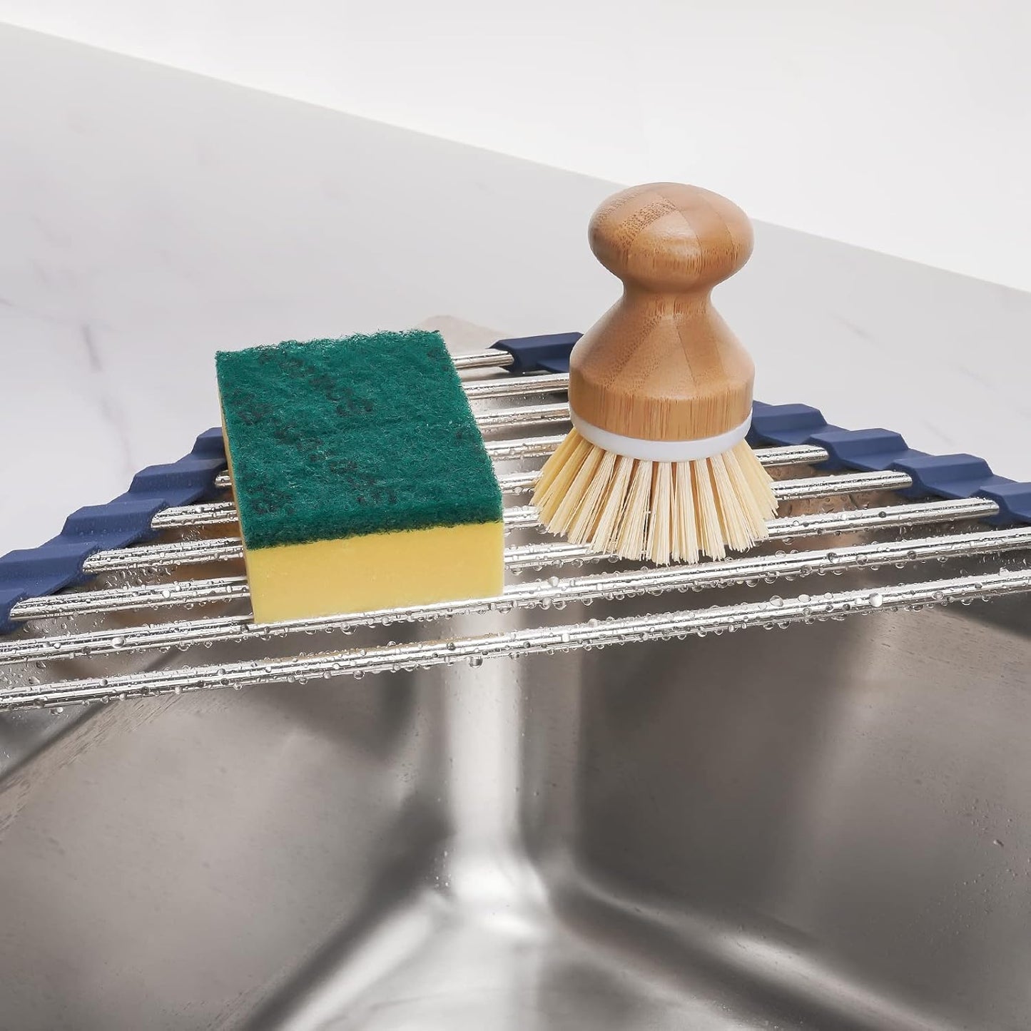 Tomorotec Triangle Roll-Up Dish Drying Rack for Sink Corner Small Foldable Stainless Steel Over The Sink Multipurpose Kitchen Drainer Caddy Organizer Storage Shelf Holder (Deep Blue)