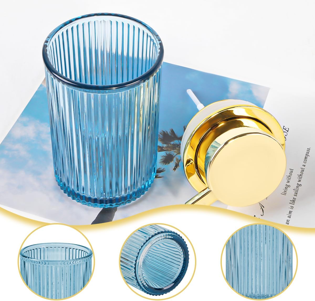 Blue Foaming Soap Dispenser, 12 Oz Glass Foaming Hand Soap Dispenser with Gold Pump, Bathroom Refillable Liquid Lotion Container Pump Ribbed Bottle for Kitchen Bathroom Decor, 1pc