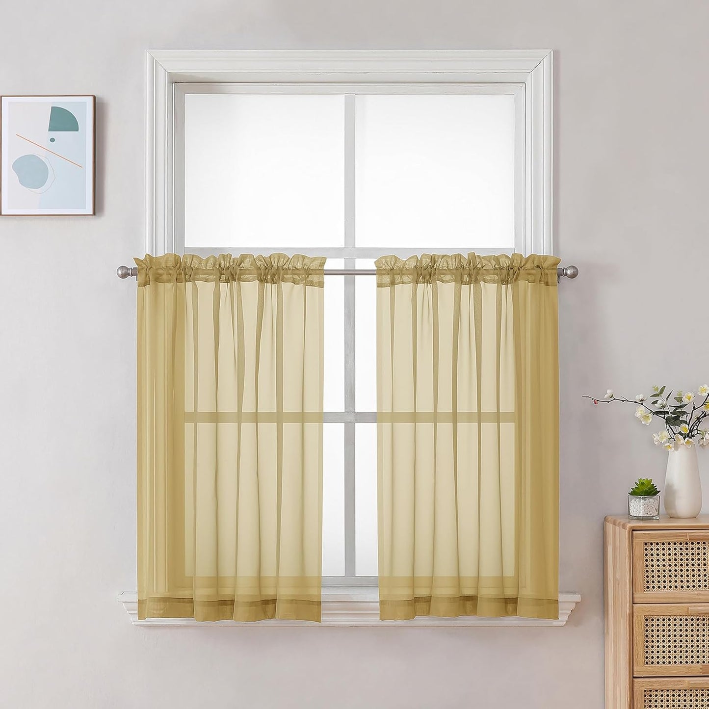 Chyhomenyc Gold Sheer Curtains 36 inch Length 2 Panels Set, Light Filtering Voile Rod Pocket Short Window Curtians for Bathroom Living Room Farmhouse Small Windows, Each 42Wx36L in, 2PCS, Gold
