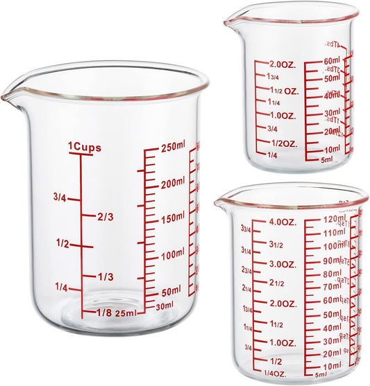 Ackers High Borosilicate Glass Measuring Cup Set with Pour Spout,60ml(2OZ),120ml(4OZ), 250ml(8OZ) Glass Measuring Beaker for Kitchen or Restaurant, Easy to Read