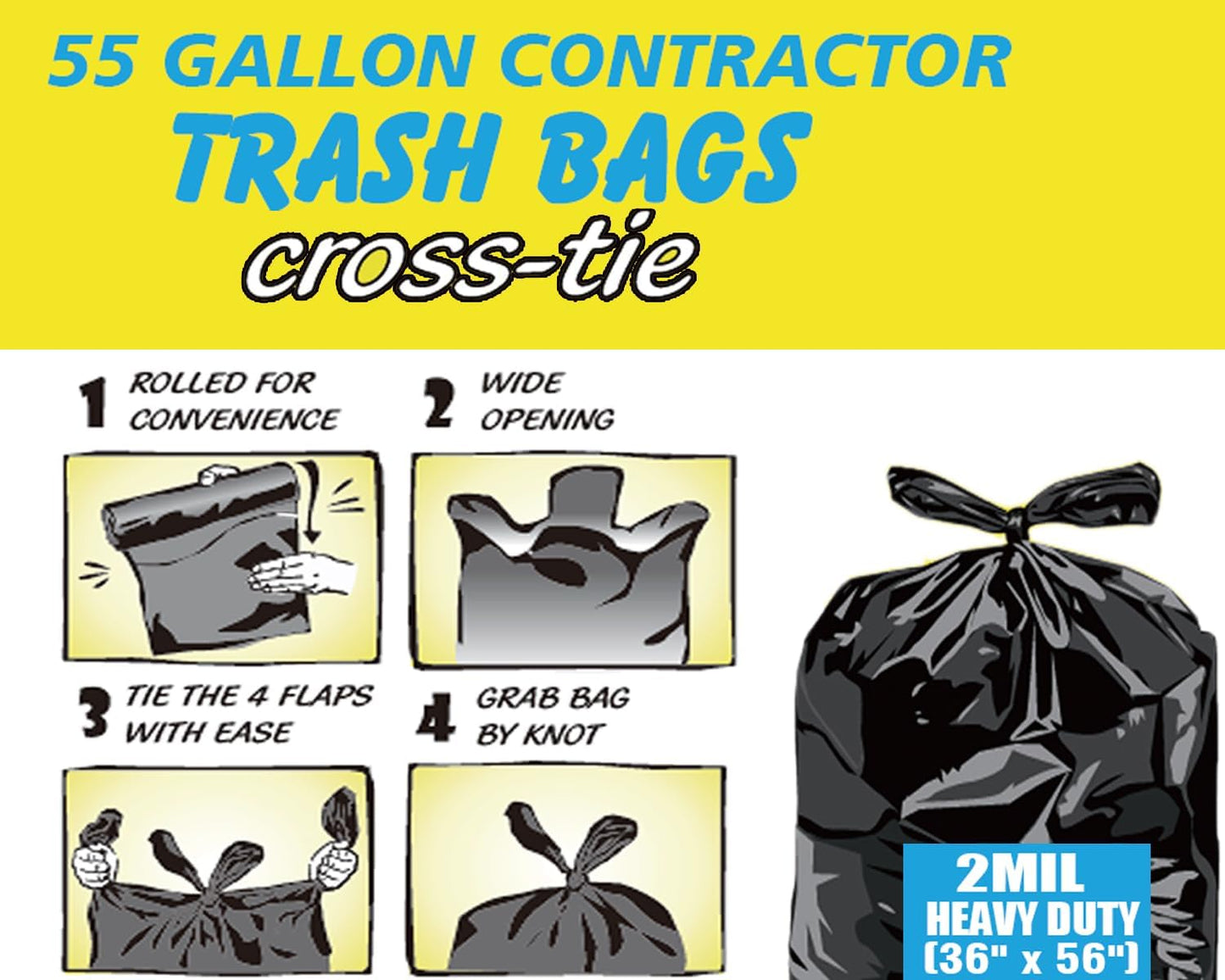 Contractor Heavy Duty Trash Bags 55 Gallon | 10 Count | 2 MIL | 36" X 56" | Large Black Flap Tie Construction Garbage Bags for Business Home Commercial, Industrial, Storage, Outdoor