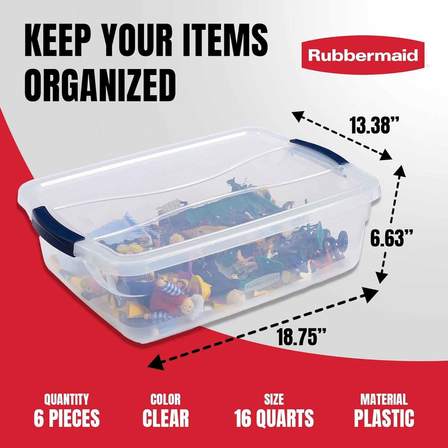 Rubbermaid Cleverstore 16 Qt Clear Storage Bins with Lids, 6-Pack, Stackable, BPA-Free, Made in USA