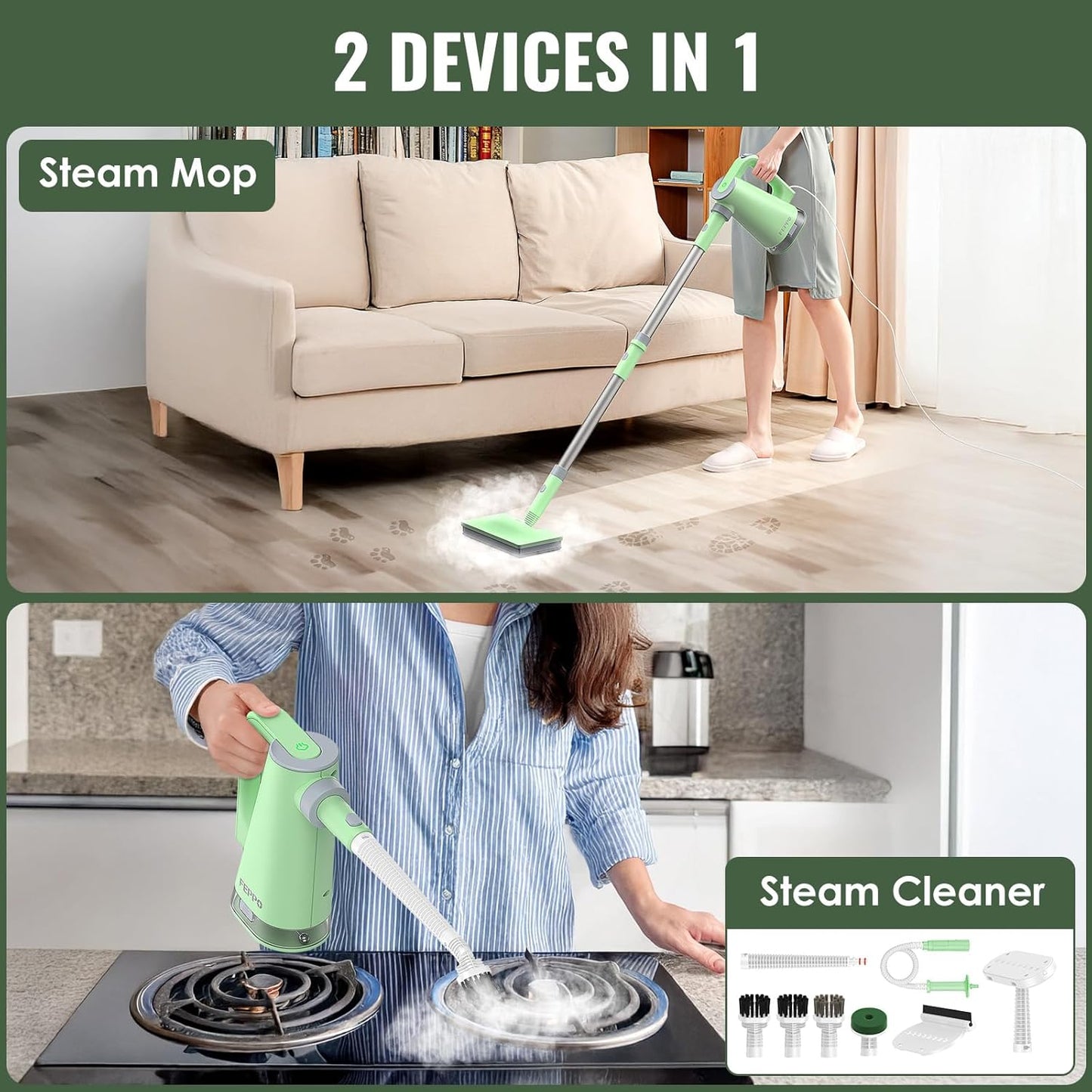 FEPPO Steam Mop with Detachable Handheld Steam Cleaner for Home and Floor Cleaning, 10-in-1 Multi-purpose Attachments & 2 Pads, Powerful Steamer for Floors, Hardwood, Tiles,Grout,Windows,Kitchen,Bath